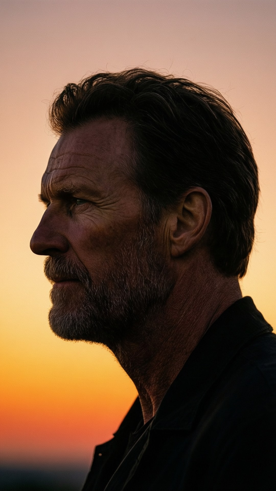 Sunset Profile Silhouette 壁紙 — 一個飽經風霜的男人側面剪影，映襯著溫暖的日落天空，帶有柔和的橙色和粉紅色調。