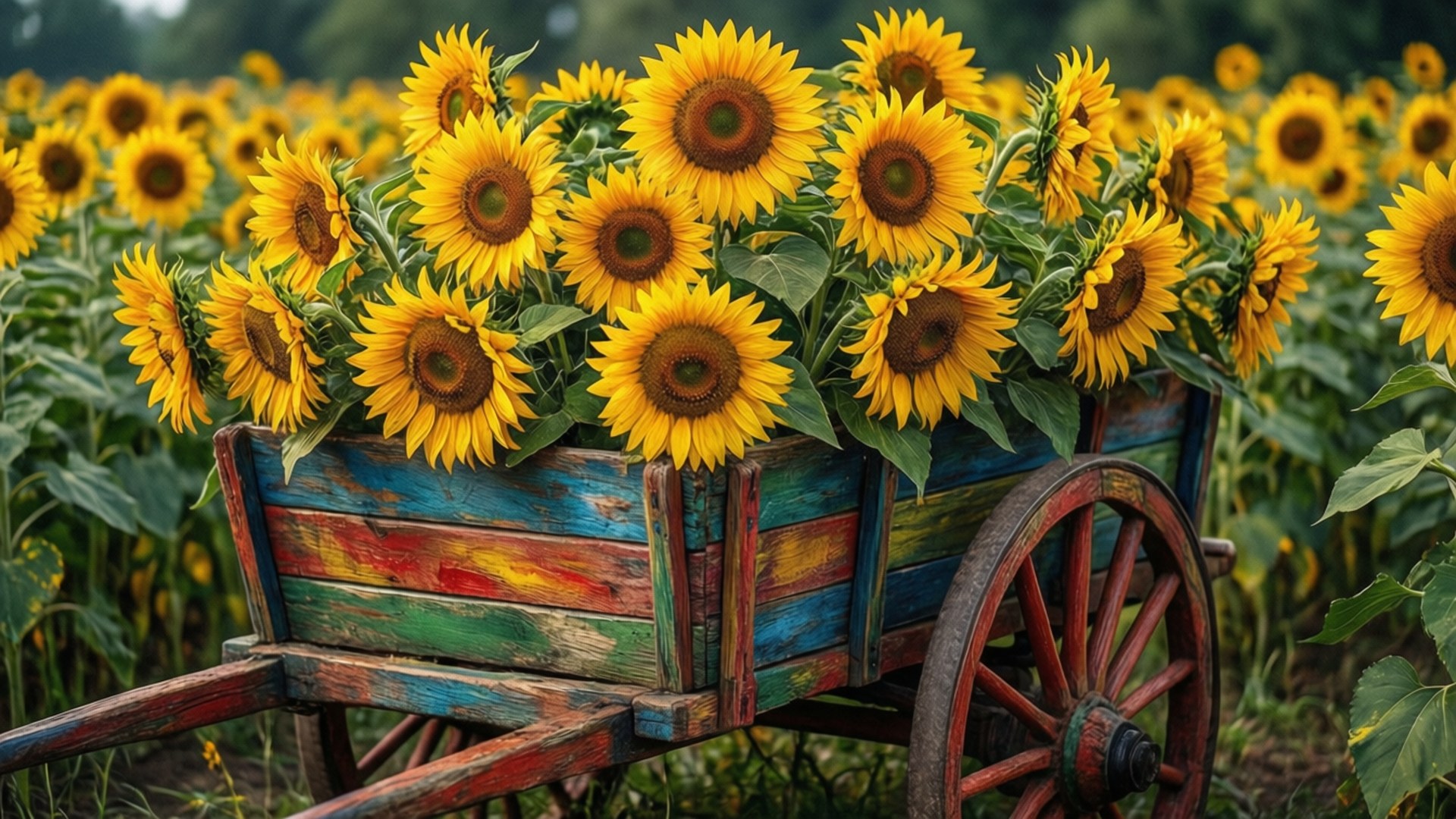 Wooden Cart Sunflowers 壁紙 — 一架飽經風霜的多色木製手推車，在茂密的田野中裝滿了鮮豔的黃色向日葵。