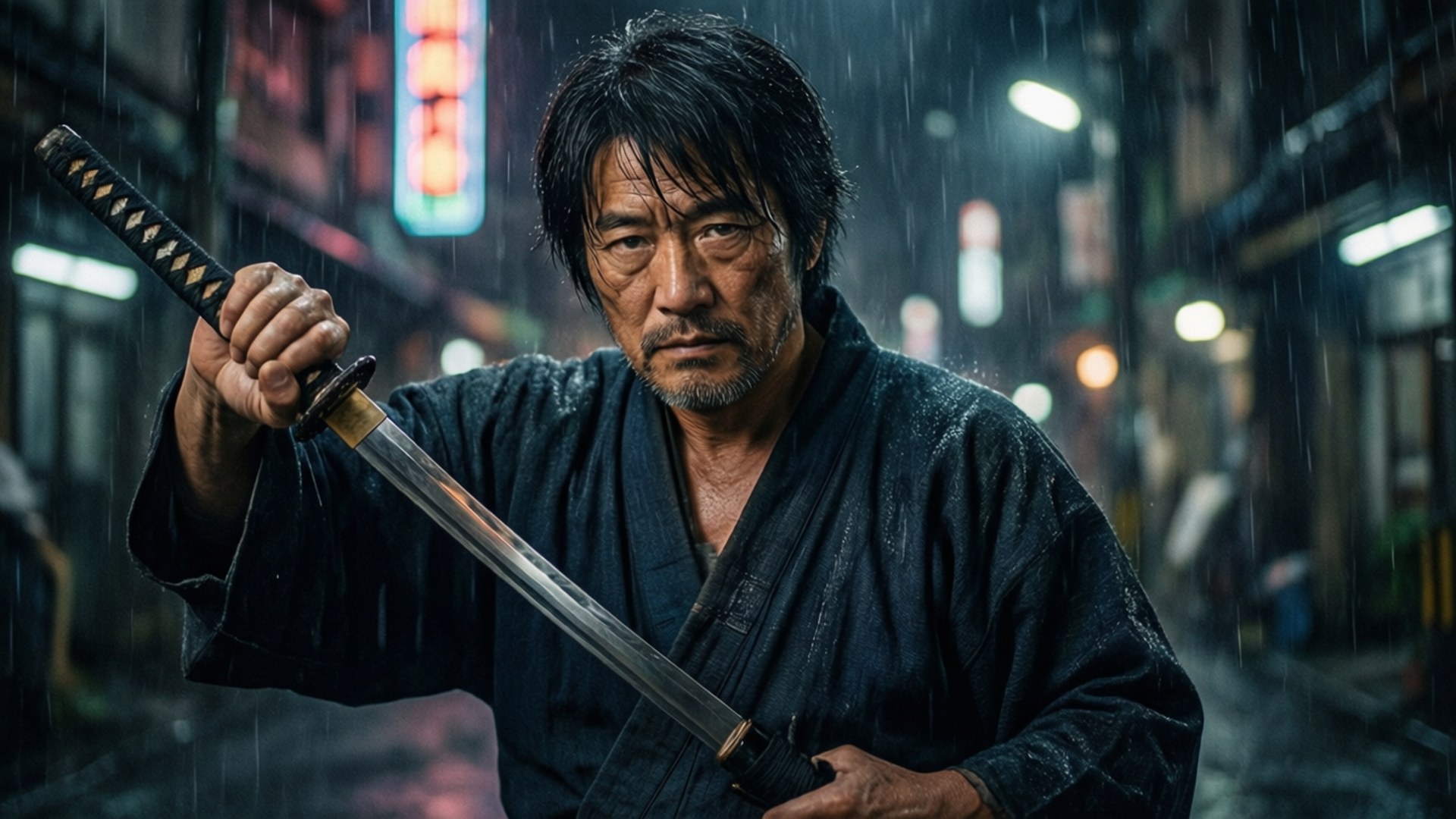 佐野万次郎 桌布 壁紙 — 一位飽經風霜的武士站在被雨水浸濕的霓虹燈小巷中，緊握著武士刀，神情專注。