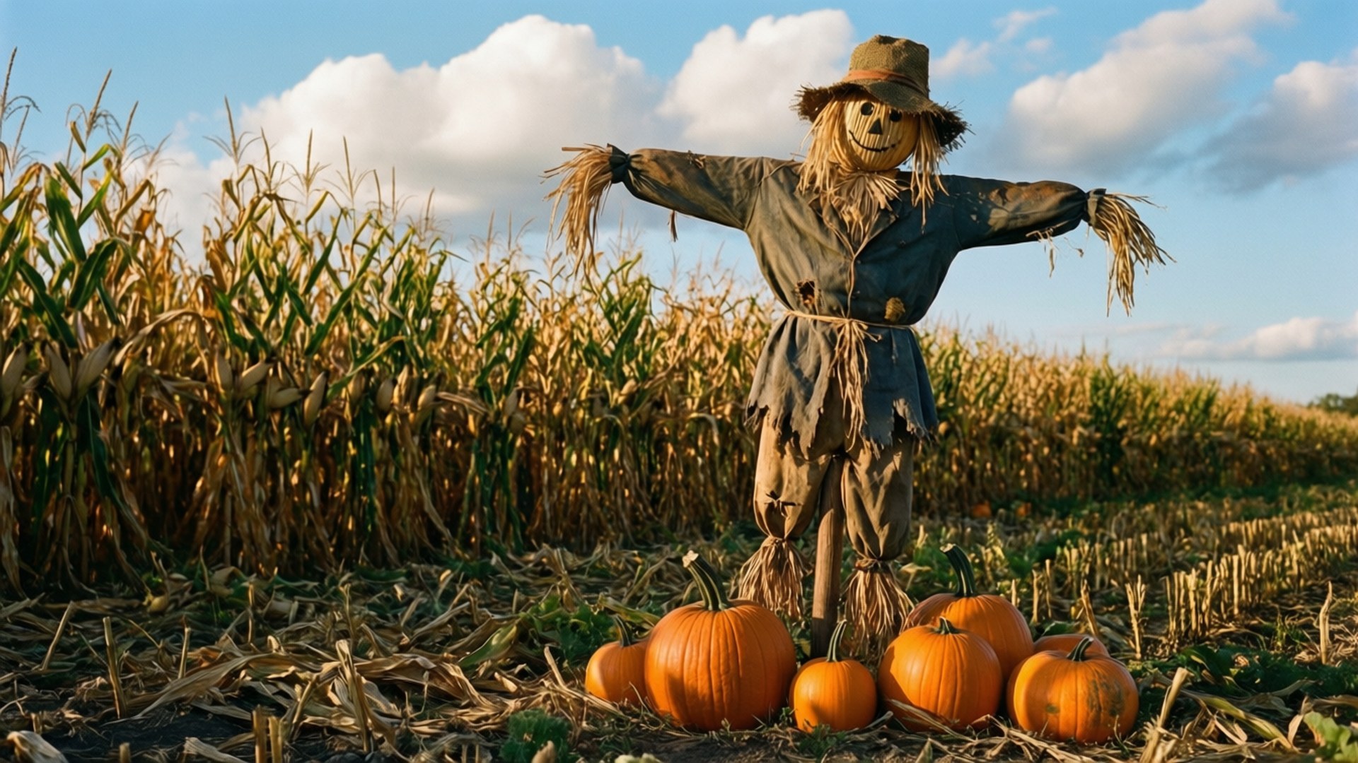 Scarecrow in Cornfield 壁紙 — 一個飽經風霜的稻草人，有著稻草臉和帽子，在部分多雲的天空下，守護著金色玉米田裡的一簇鮮橙色南瓜。