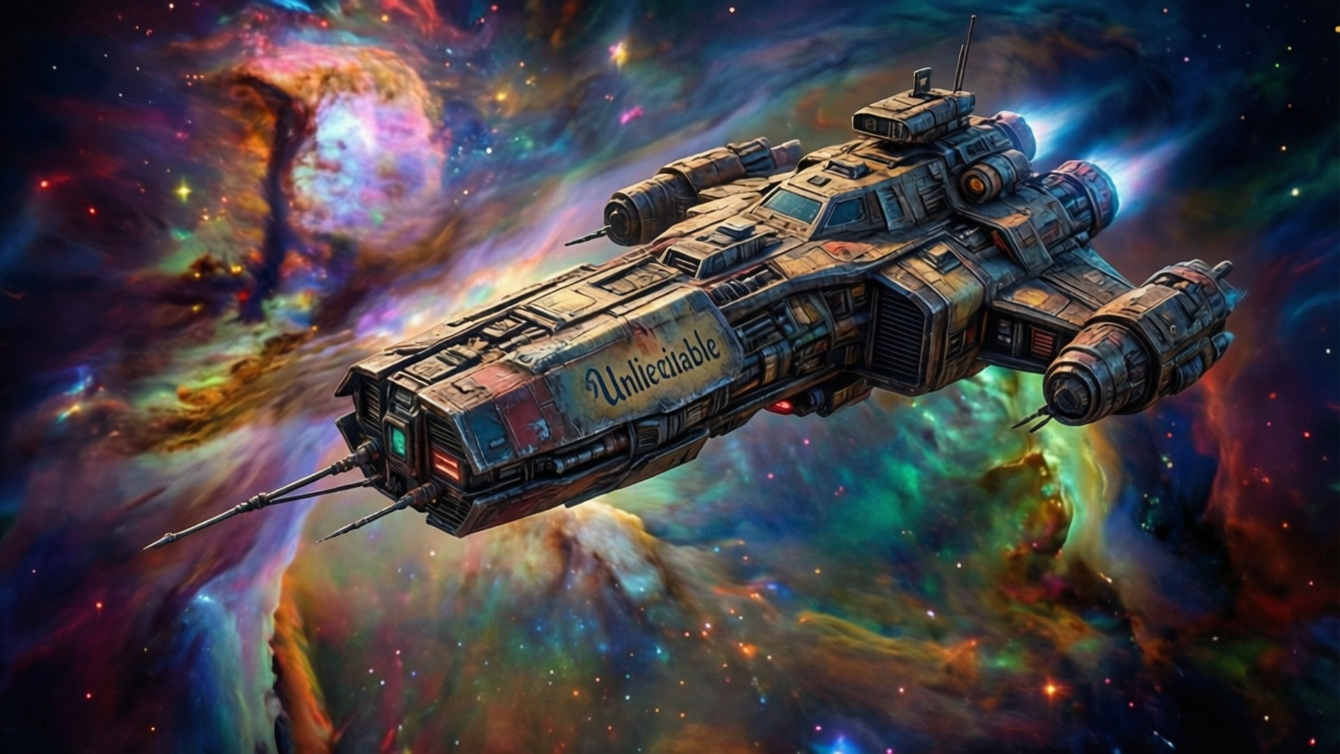 The Unreliable in Nebula 壁紙 — 一艘名為「Unlieciable」的風化太空船航行在充滿旋轉紫色、藍色和橙色的充滿活力的宇宙星雲中。