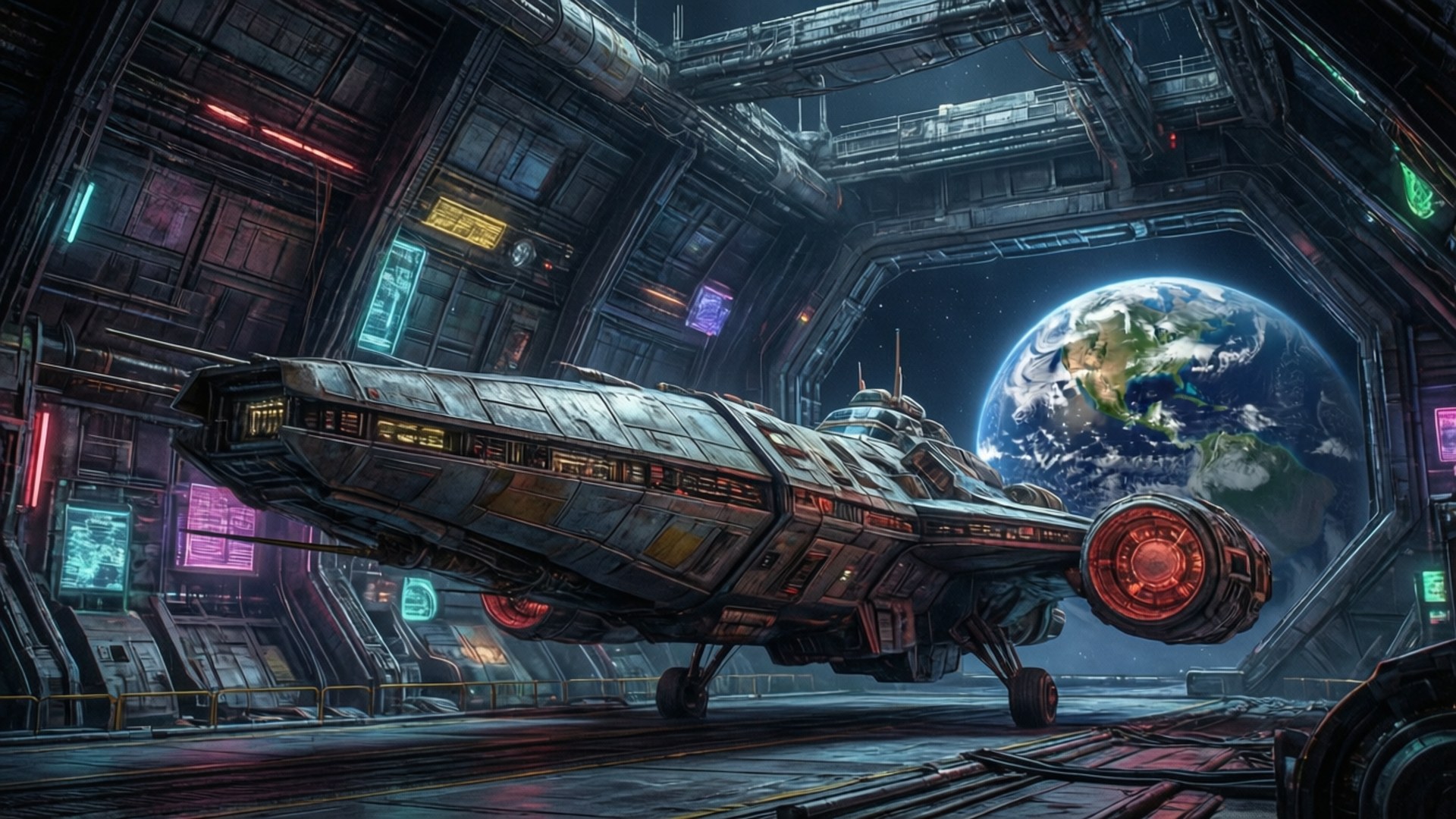 Station Docking 壁紙 — 一艘風化的太空船停泊在霓虹燈照亮的未來風格機庫中，透過窗戶可以看到地球。