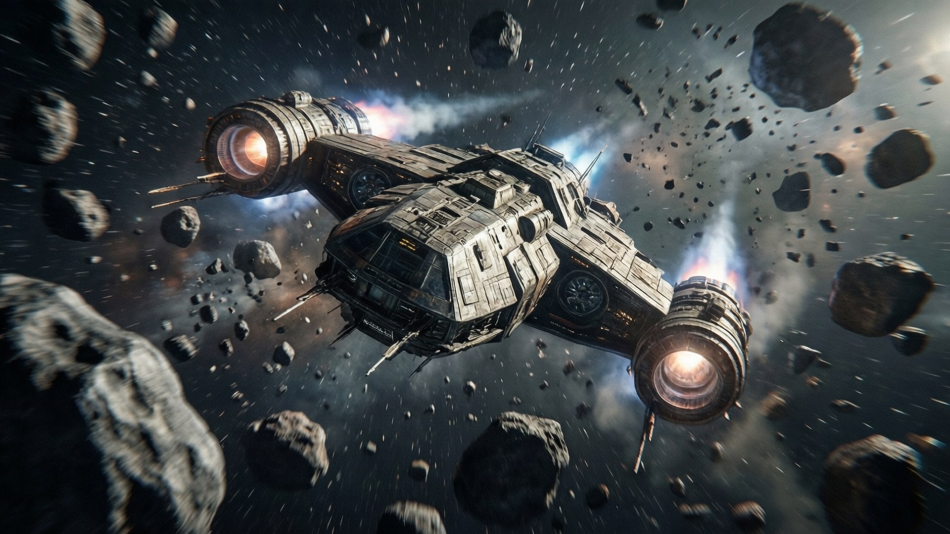 Asteroid Field Dash 壁紙 — 一艘風化的太空船，引擎發光，在深空穿越密集的小行星帶。