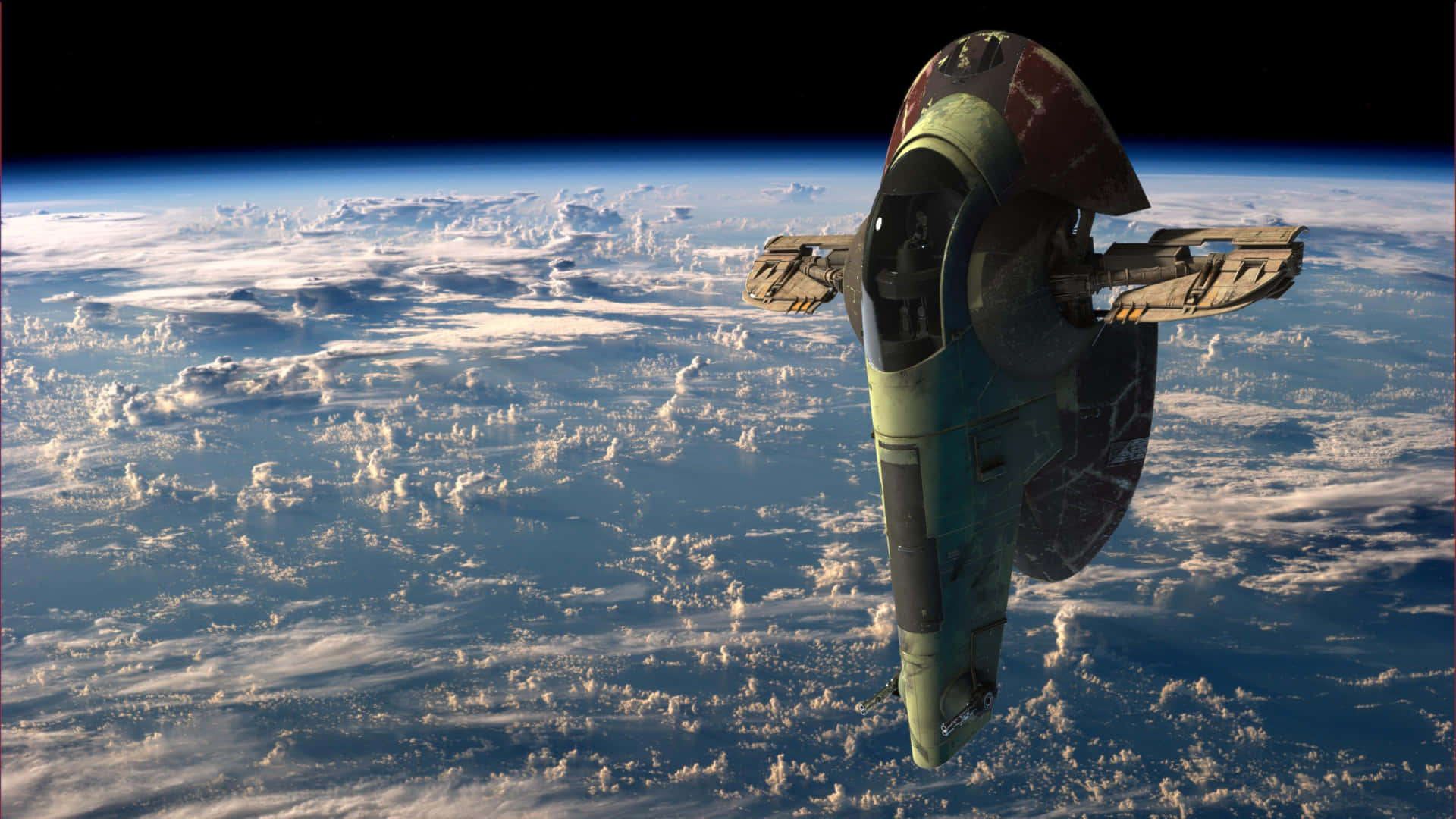  壁紙 — 一艘歷經風霜的星際戰機在太空的漆黑背景下，翱翔於一顆被雲層覆蓋的行星表面之上。