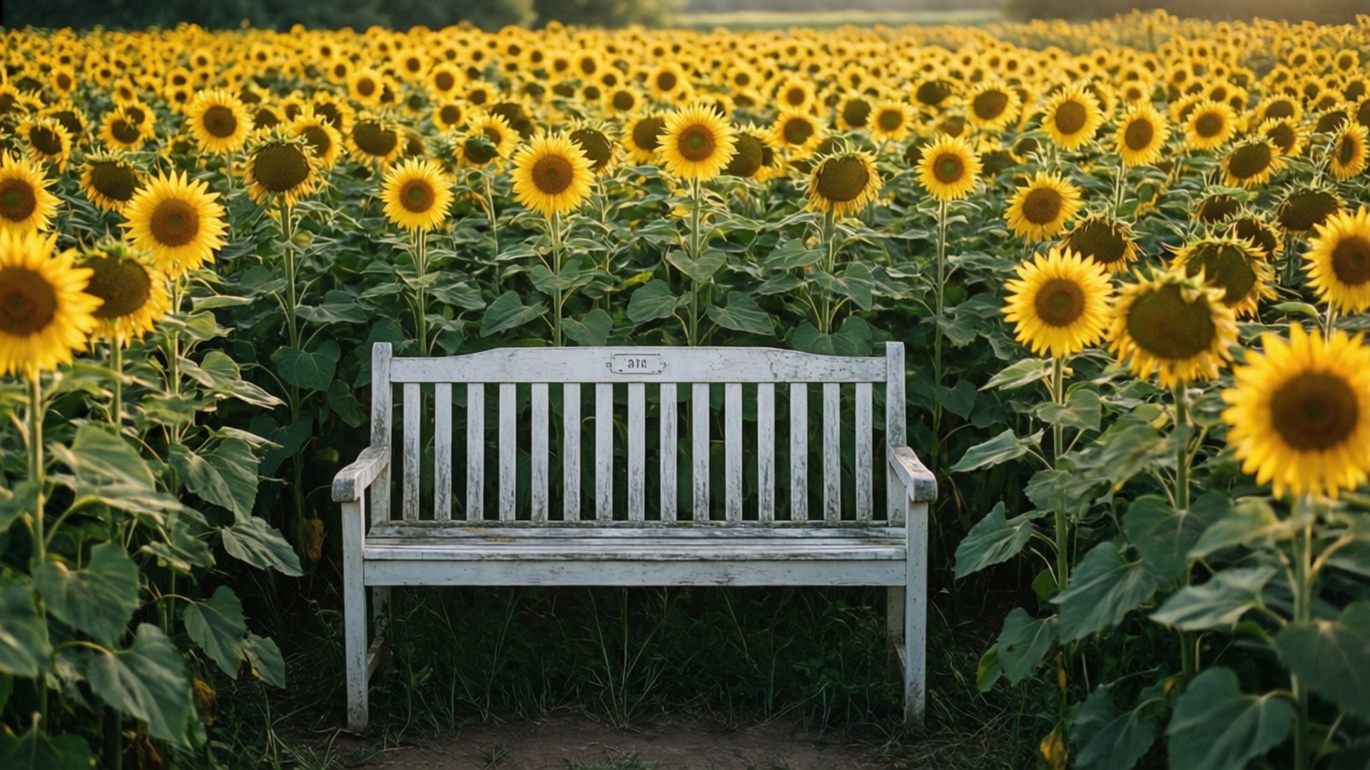 Bench in the Field 壁紙 — 一張風化的白色長凳獨自坐在廣闊的亮黃色向日葵田野中，沐浴在金色的陽光下。
