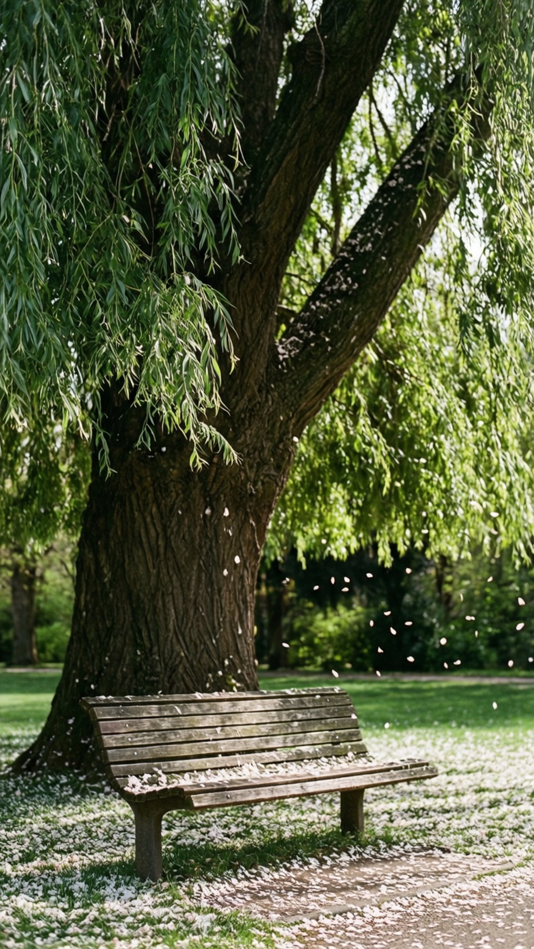 Bench Under Weeping Willow 壁紙 — 一張風化的木凳位於巨大的垂柳下，柔軟的白色花瓣在斑駁的陽光中飄落。