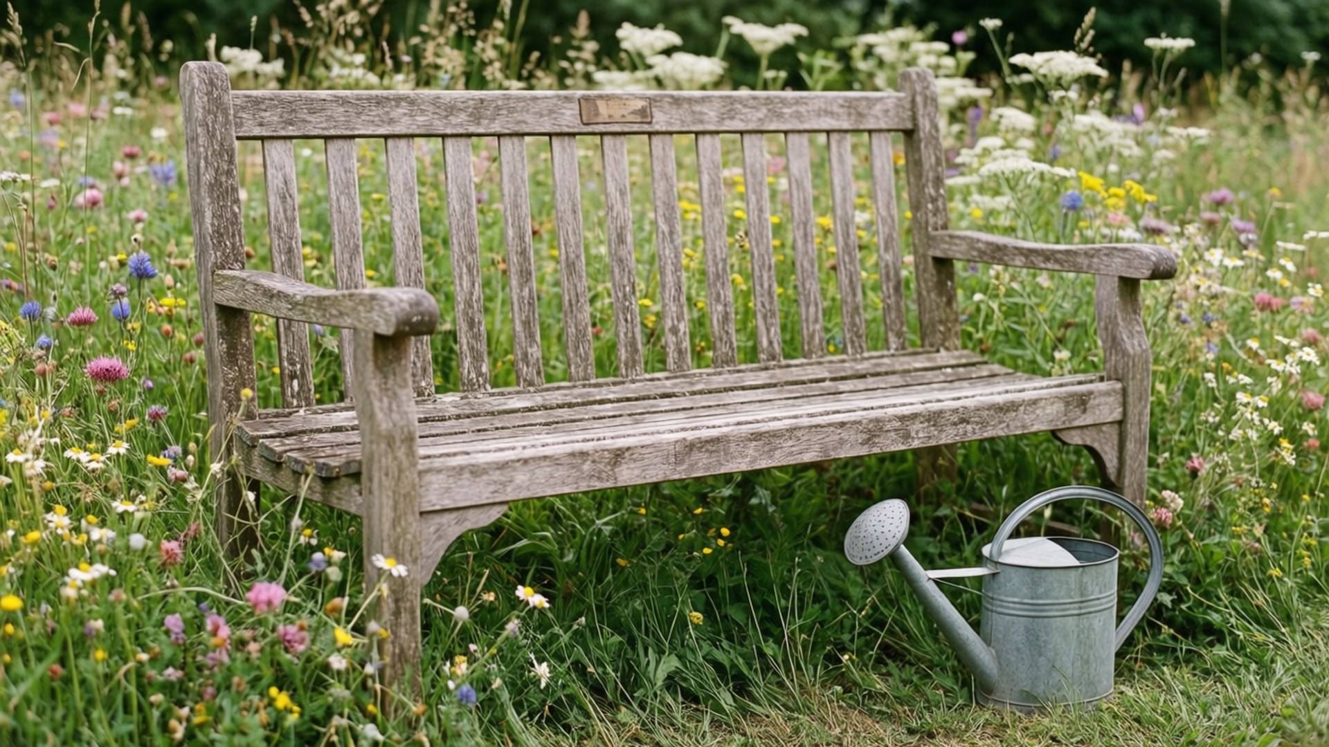 Vintage Garden Bench 壁紙 — 一張風化的木凳坐落在充滿野花的 vibrant 草地上，附近放著一個銀色澆水壺。