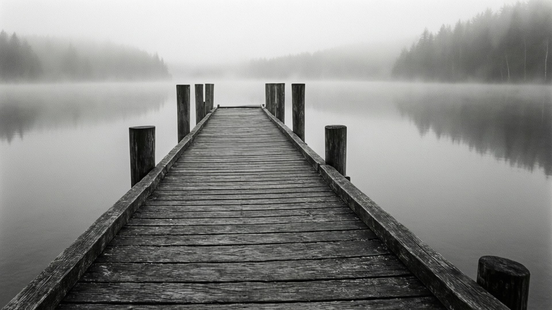 Misty Pier Landscape 壁紙 — 一條風化的木碼頭延伸到霧氣瀰漫的湖泊中，周圍是霧濛濛的森林，以單色呈現。