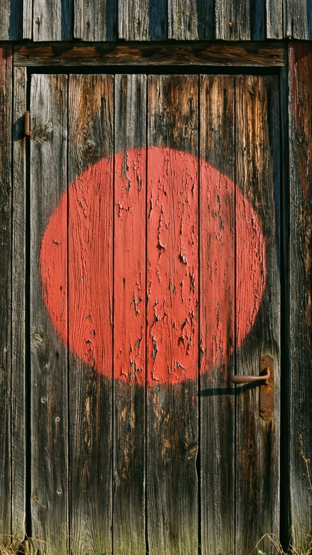Rustic Red Circle 壁紙 — 一扇風化的木門表面有一個正在剝落的大紅色圓圈。