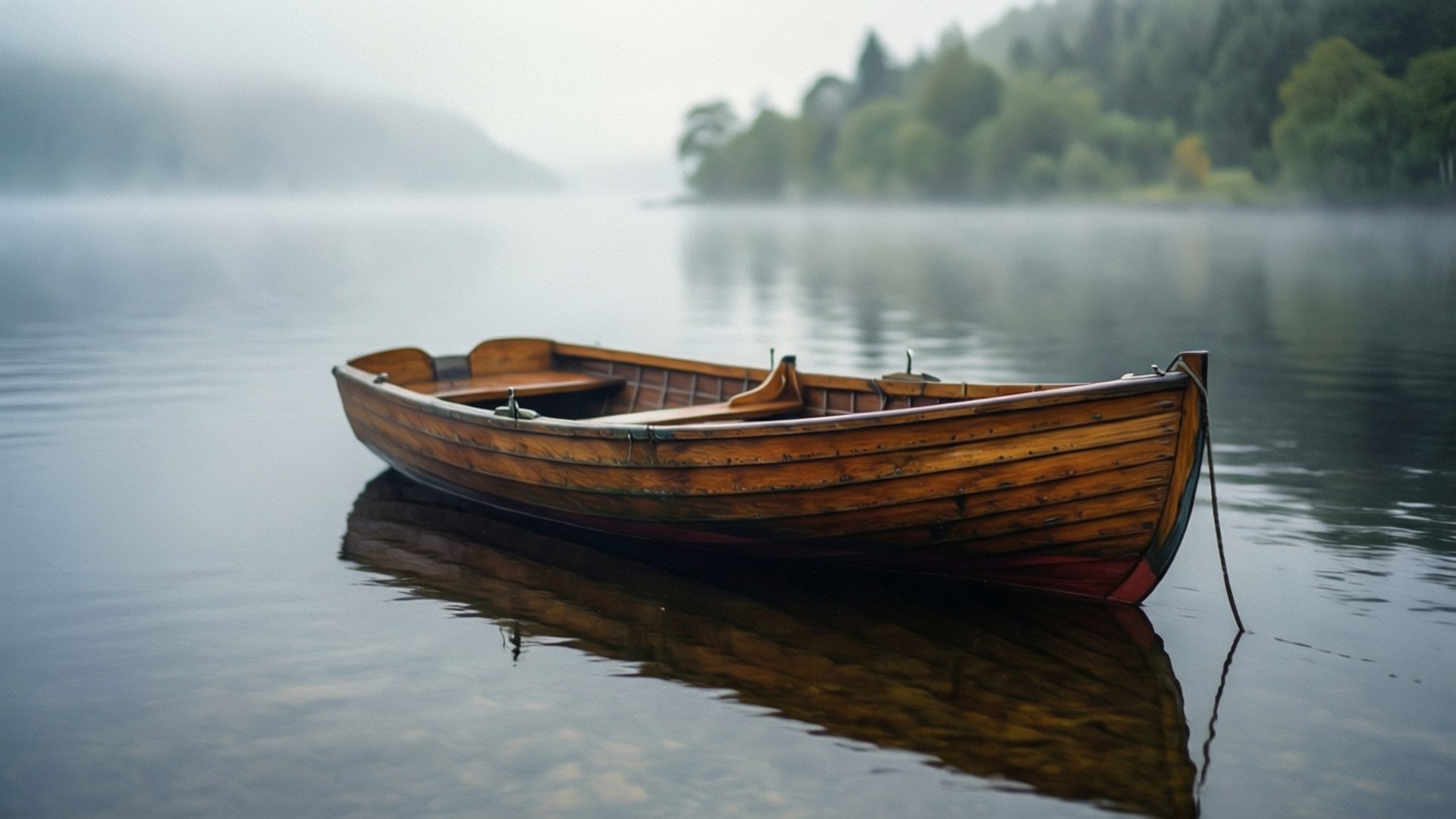 Boat on the Misty Loch 壁紙 — 一艘風化的木製划艇在霧氣瀰漫的湖面上寧靜漂浮，背後是柔焦的森林山丘。