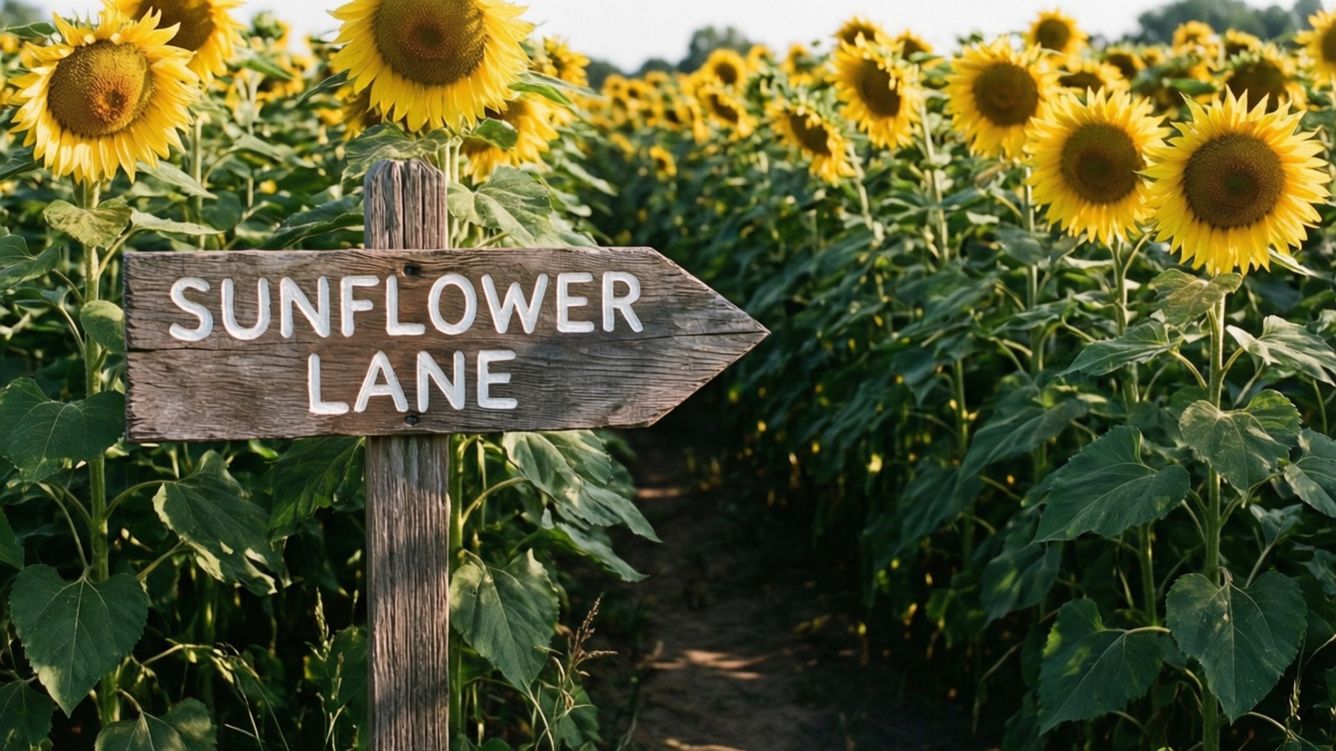 Sunflower Lane Sign 壁紙 — 一塊風化的木牌寫著 sunflower lane，指向一片在明亮陽光下充滿活力的高大黃色向日葵田。