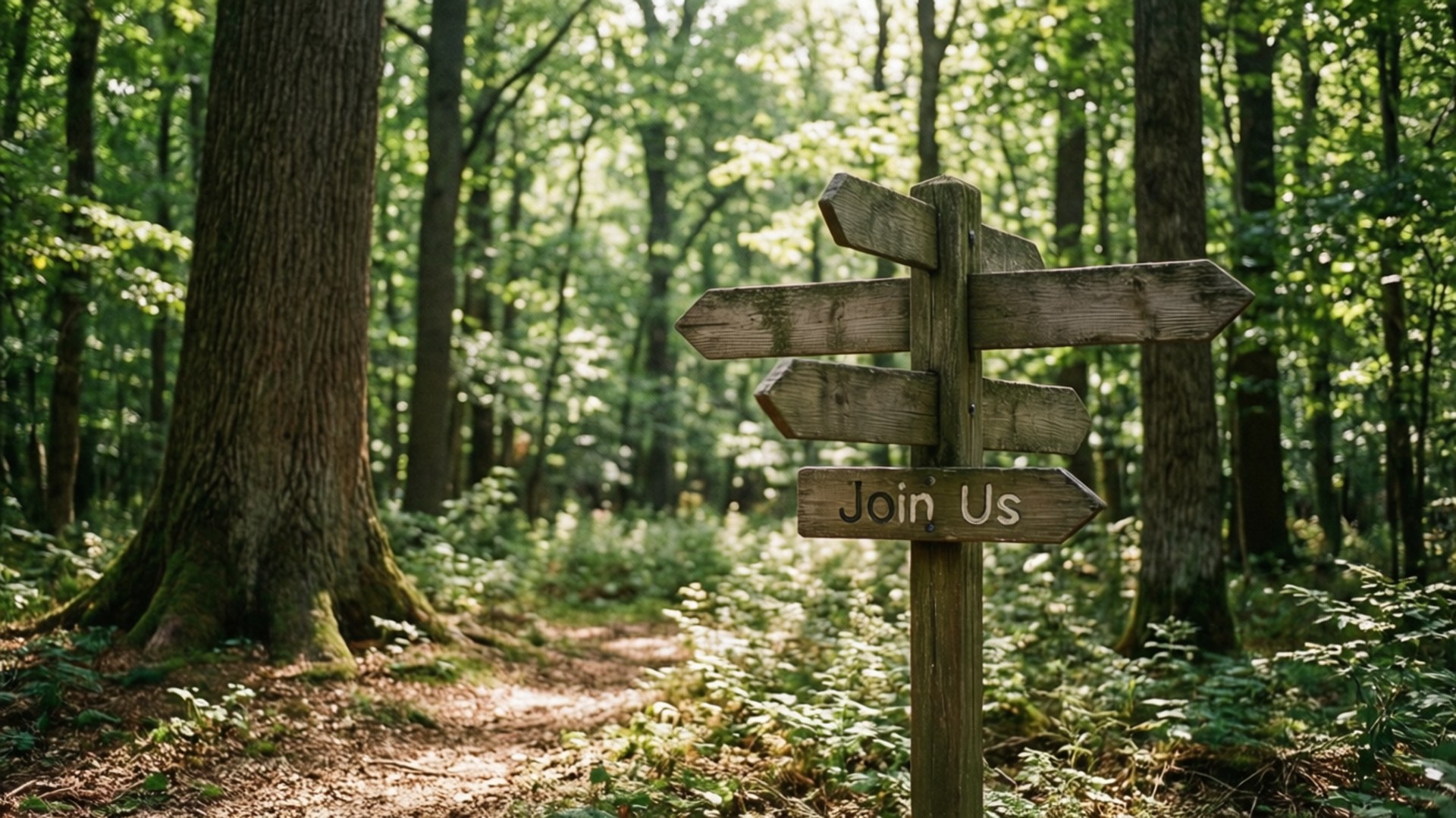 Join US 桌布 壁紙 — 一個風化的木製路標，上面寫著「Join Us」，邀請旅人沿著一條陽光斑駁的森林小徑前行，四周環繞著高大的樹木和茂密的綠植。
