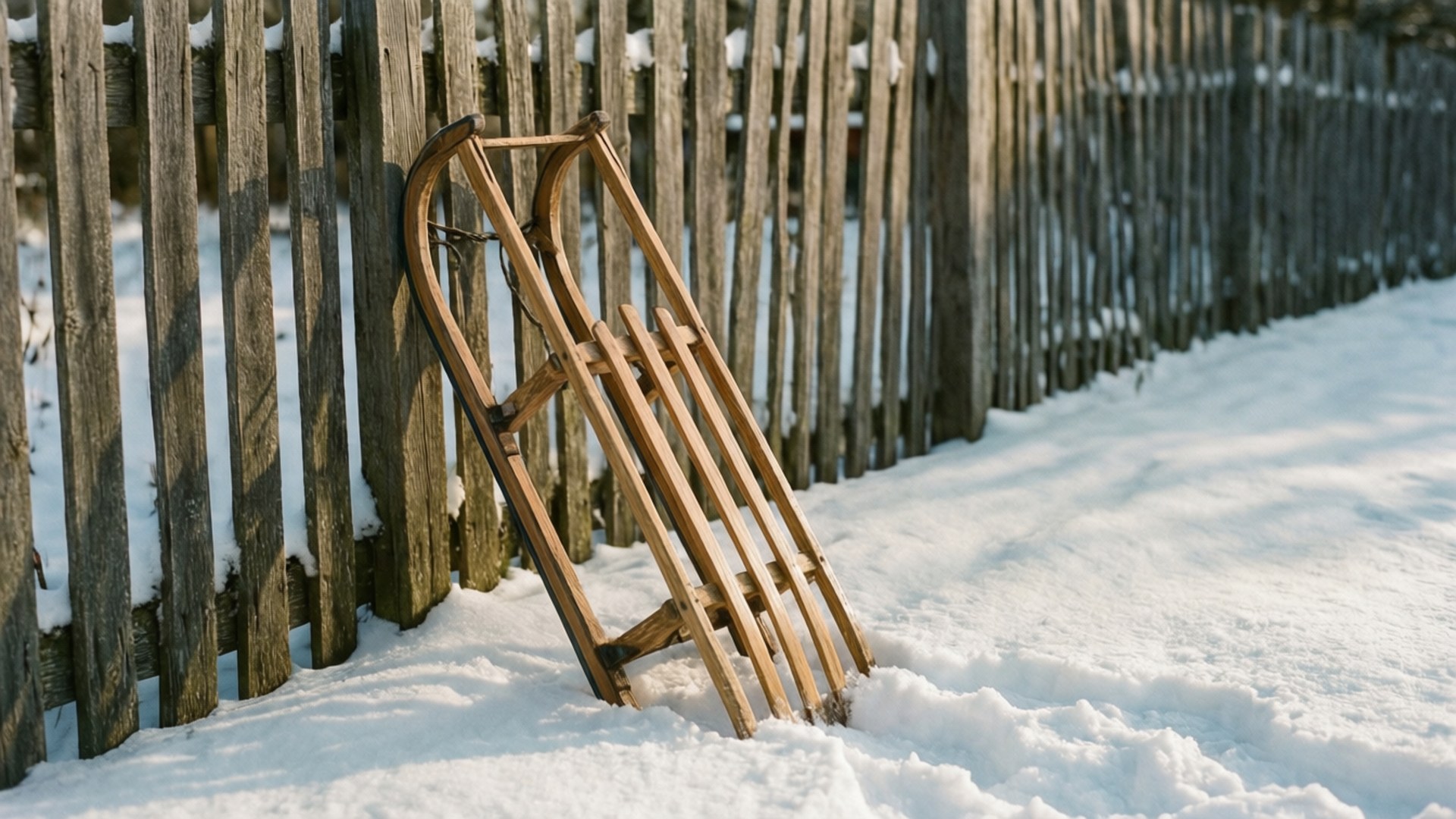 Wooden Sled in Snow 壁紙 — 一個風化的木雪橇靠在一個積雪的鄉村籬笆上，在寧靜的冬季景觀中。
