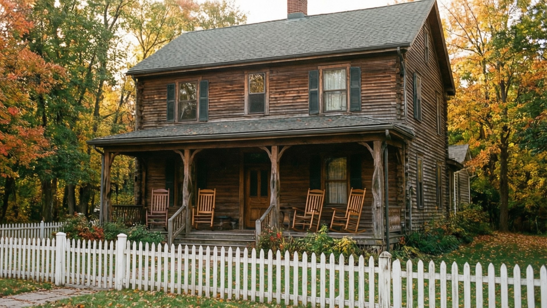 Americana Wooden House 壁紙 — 一座風化的木造兩層房屋，帶有門廊和搖椅，坐落在白色尖樁籬笆後面，周圍環繞著秋樹。