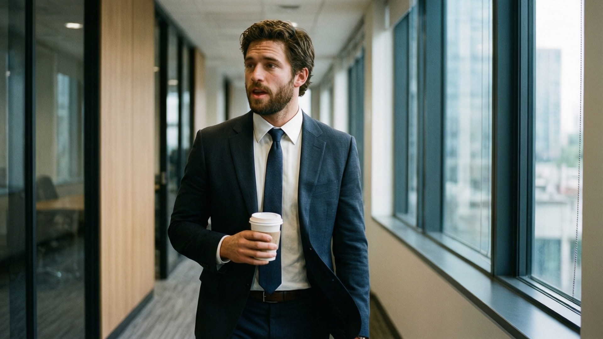 Corporate Walk Coffee 壁紙 — 一位穿著海軍藍西裝、衣著得體的男士，手持咖啡杯，一邊看著窗外，一邊沿著現代辦公走廊走著。