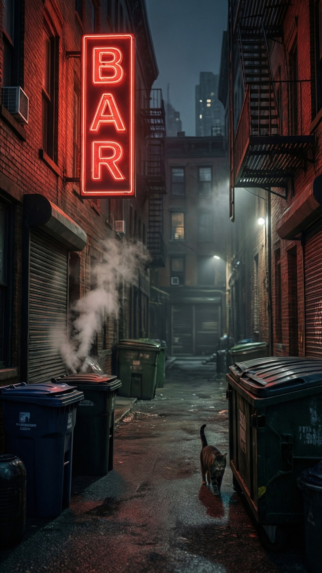 Alley Cat 壁紙 — 夜晚濕漉漉的小巷被發光的紅色酒吧招牌照亮，一隻貓走過垃圾桶。