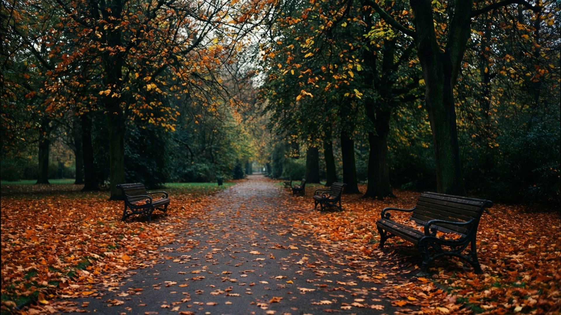 Autumn Park Path 壁紙 — 一條潮濕的秋天小徑，兩旁長椅和樹木在柔和陰天下灑落金黃樹葉。