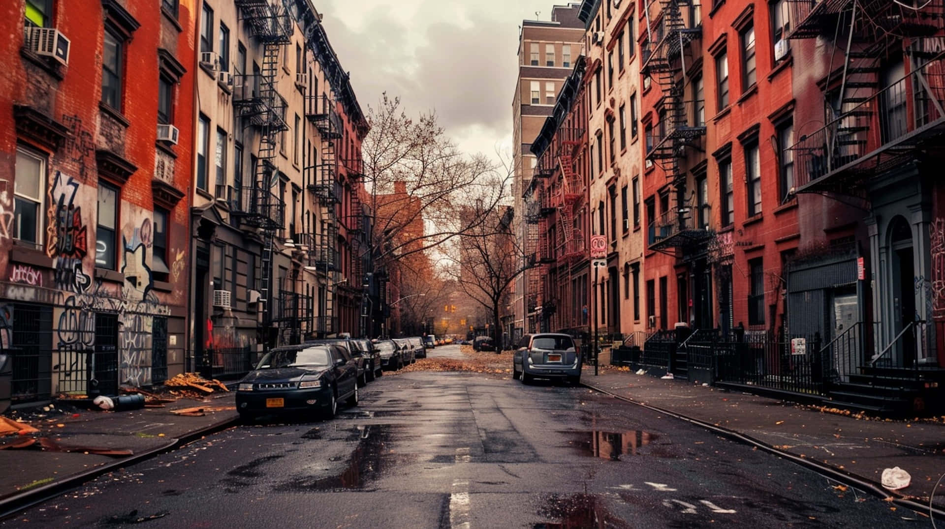  壁紙 — 一條潮濕的秋日街道，位於粗糙的城市社區，兩旁是紅磚建築和停放的汽車，天空陰沉。
