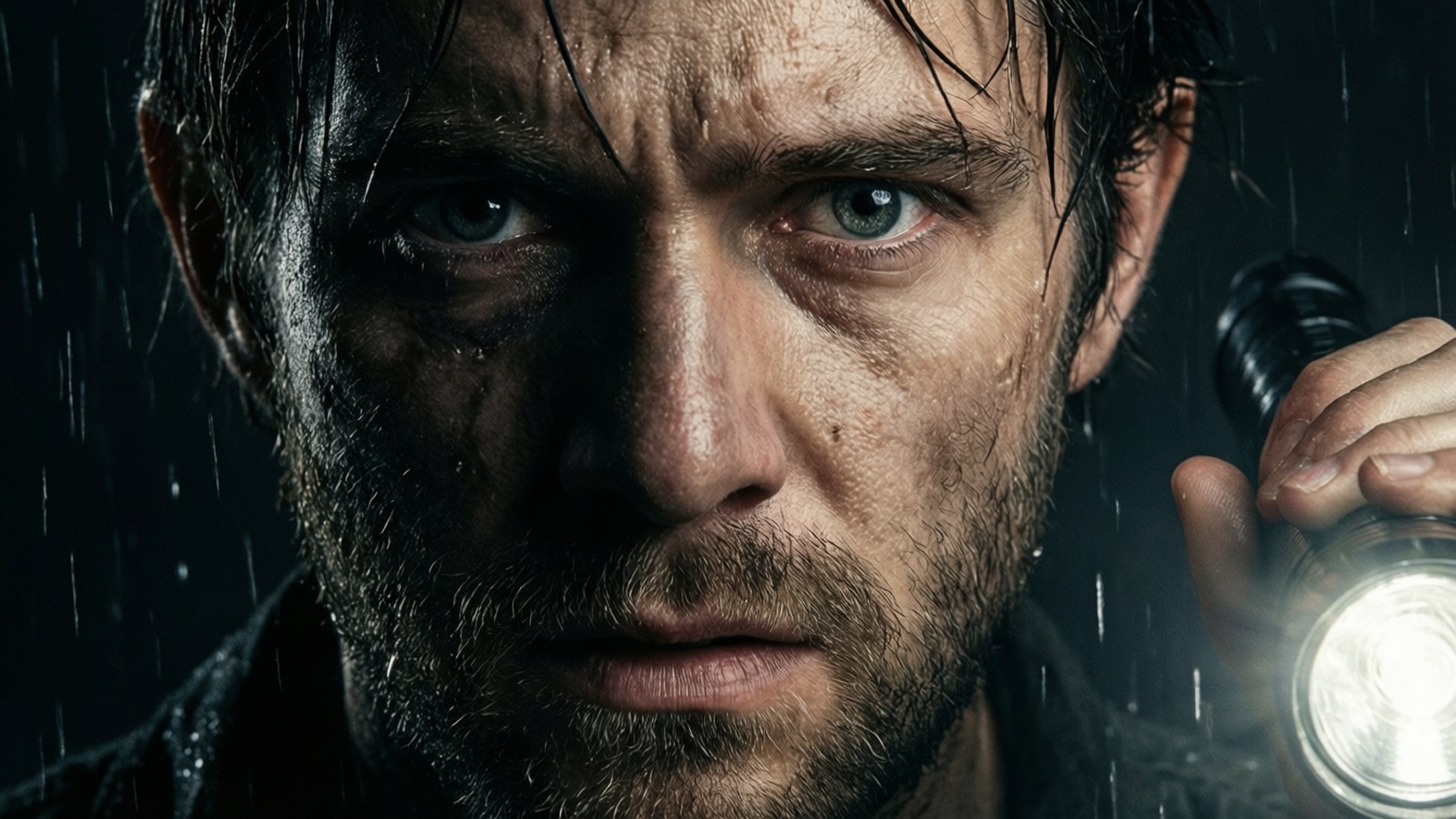 Alan Wake 2 桌布 壁紙 — 一個濕透的男人，帶著強烈的藍色眼睛，在黑暗背景中於雨中手持手電筒向前凝視。