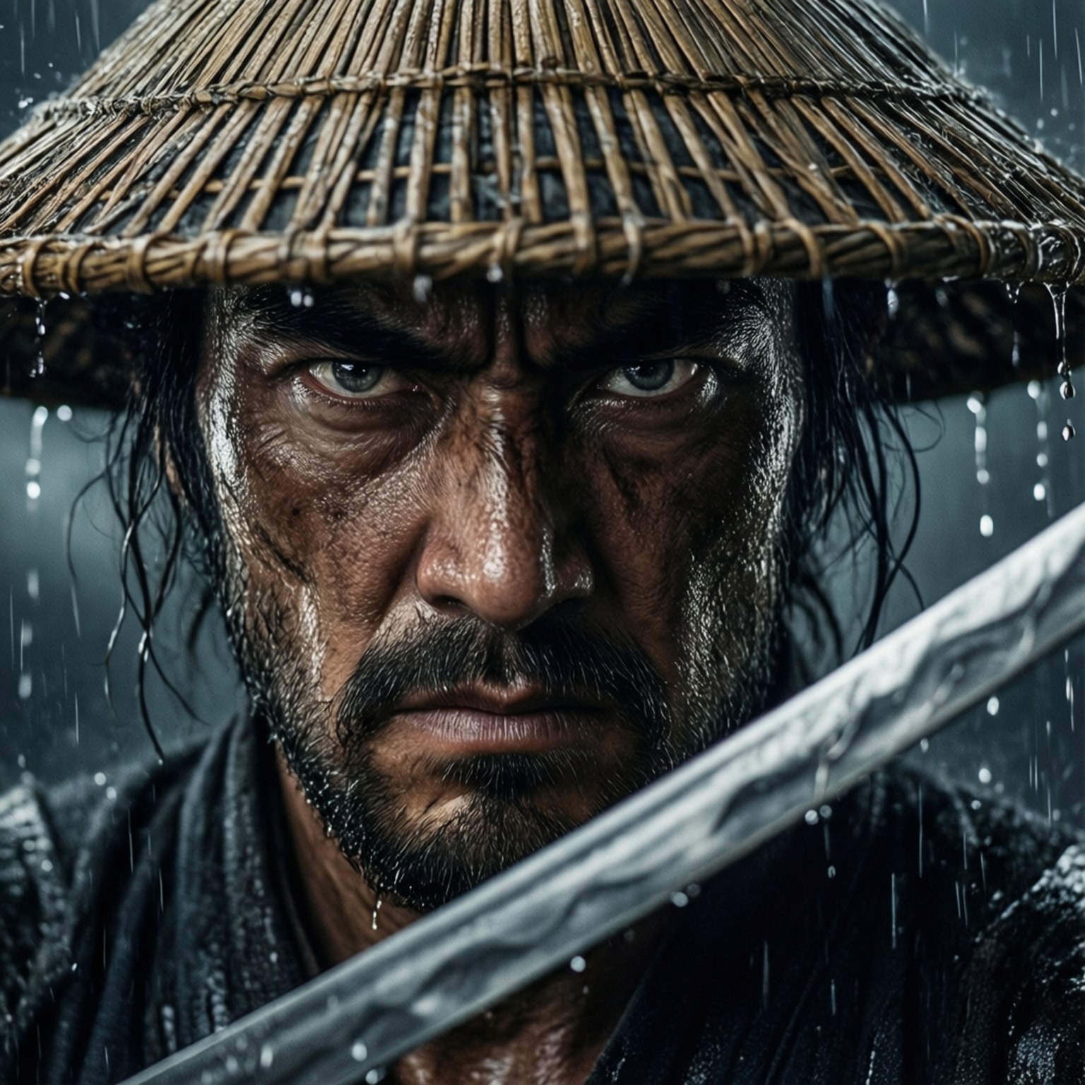 Ronin 桌布 壁紙 — 一個濕透的武士戰士戴著草帽，在雨中手持劍，目光銳利地凝視。