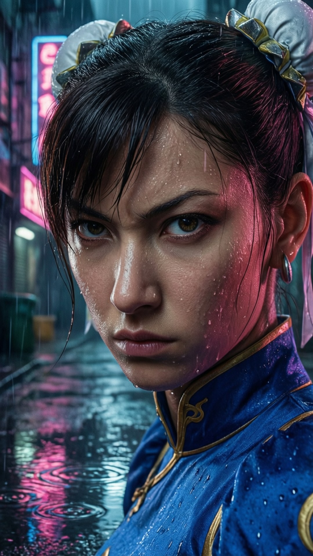 Chun-Li Rainy Alley Portrait 壁紙 — 一個濕透的黑髮女子，眼神兇猛，在霓虹燈照亮的雨淋小巷中穿著藍色傳統外套直視前方。