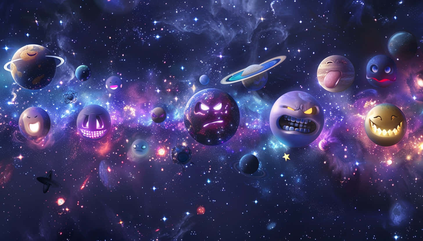  壁紙 — 一個異想天開的宇宙場景，行星上有卡通臉孔，漂浮在充滿活力的星雲和星星之間。