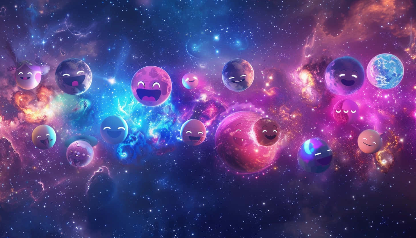  壁紙 — 一個異想天開的宇宙場景，微笑的卡通行星漂浮在充滿活力的星雲和星星之間。