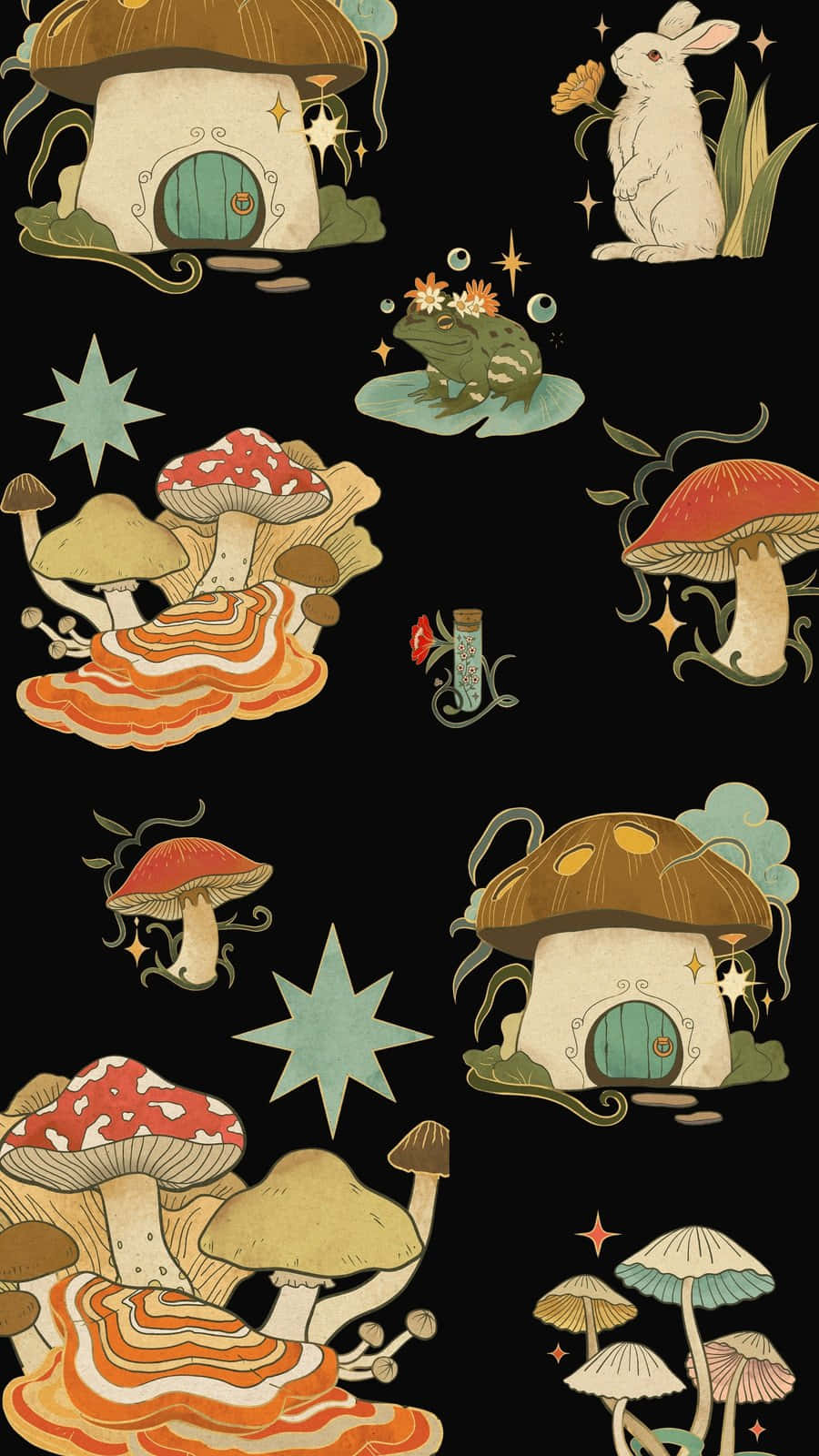  壁紙 — 一幅奇幻風格桌布，以深色背景襯托蘑菇屋、青蛙、兔子和星星。