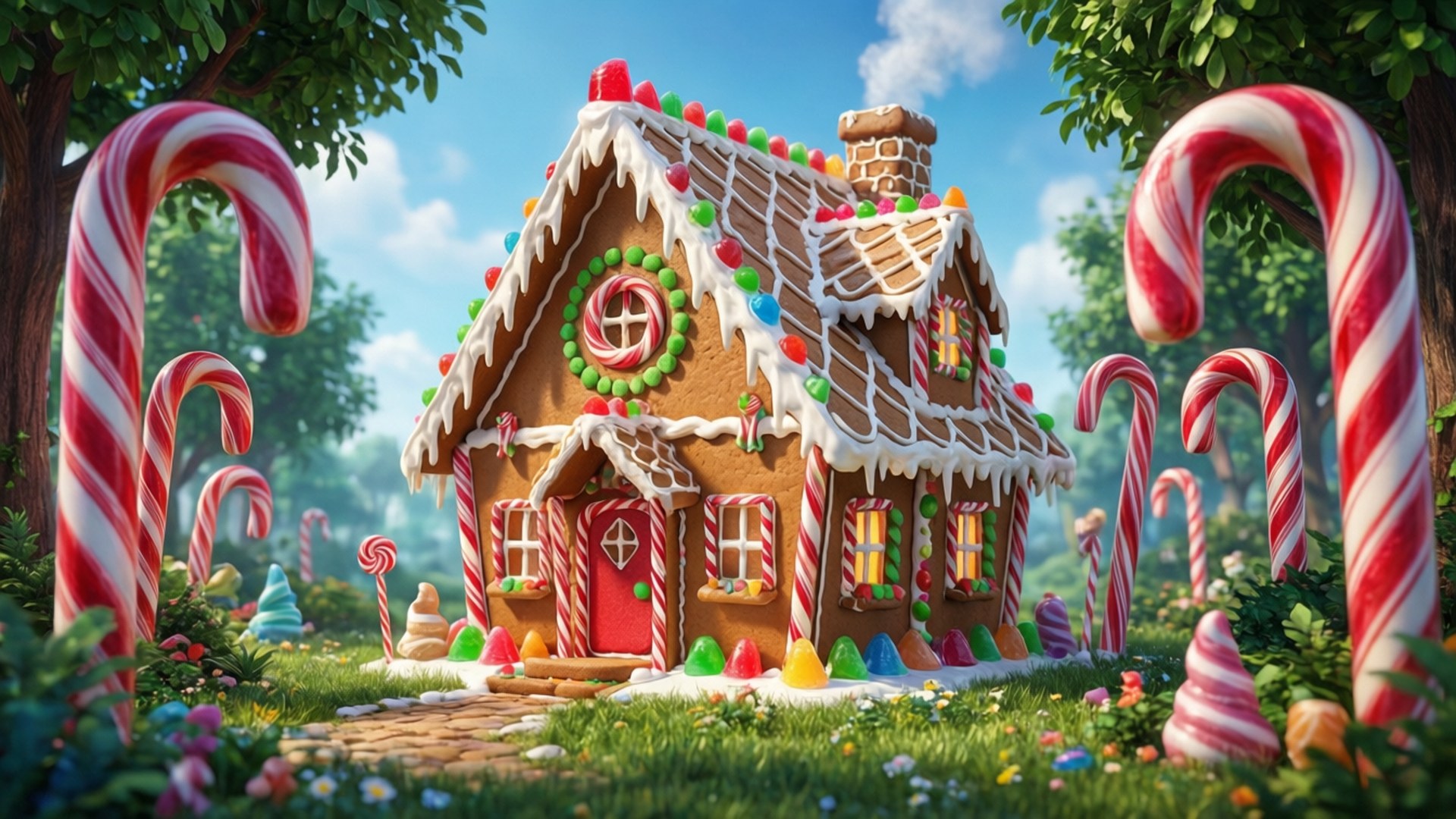 Giant Candy Land Gingerbread House 壁紙 — 一間充滿奇思妙想的薑餅屋，飾以糖果裝飾，周圍環繞著巨大的拐杖糖，位於充滿活力的森林空地中。