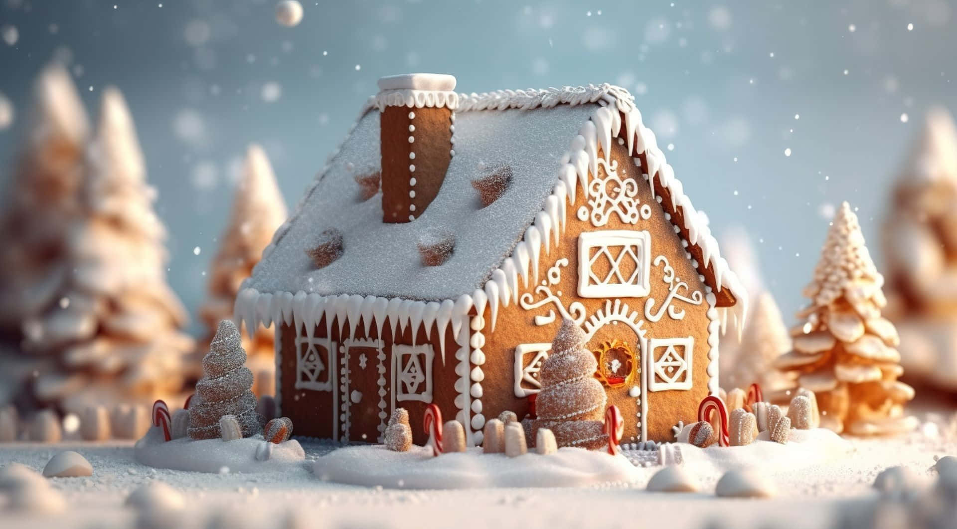  壁紙 — 一間用糖霜和拐杖糖裝飾的夢幻薑餅屋，坐落在白雪覆蓋的冬季森林中，周圍是積雪的樹木。