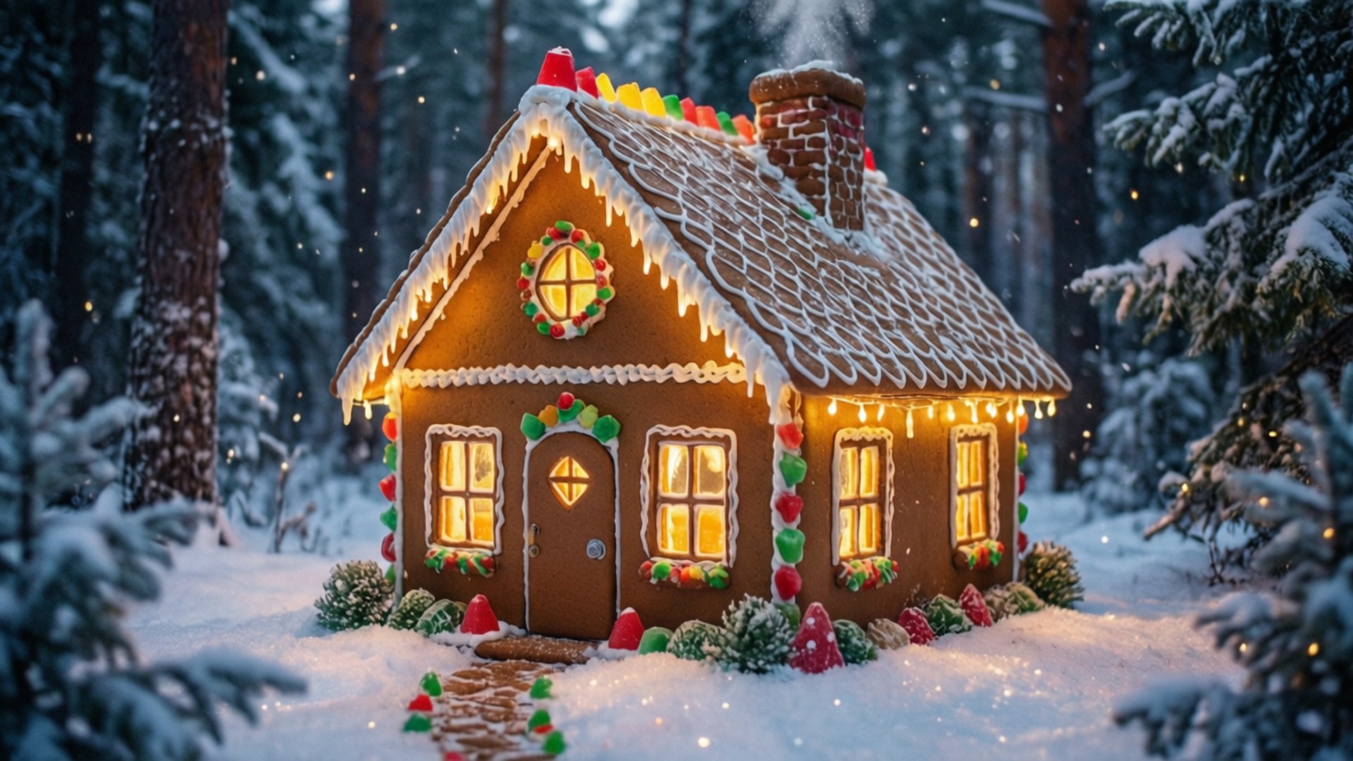 Snowy Forest Gingerbread House 壁紙 — 一間夢幻的薑餅屋，有發光的窗戶和糖果裝飾，矗立在飄雪的雪地森林中。