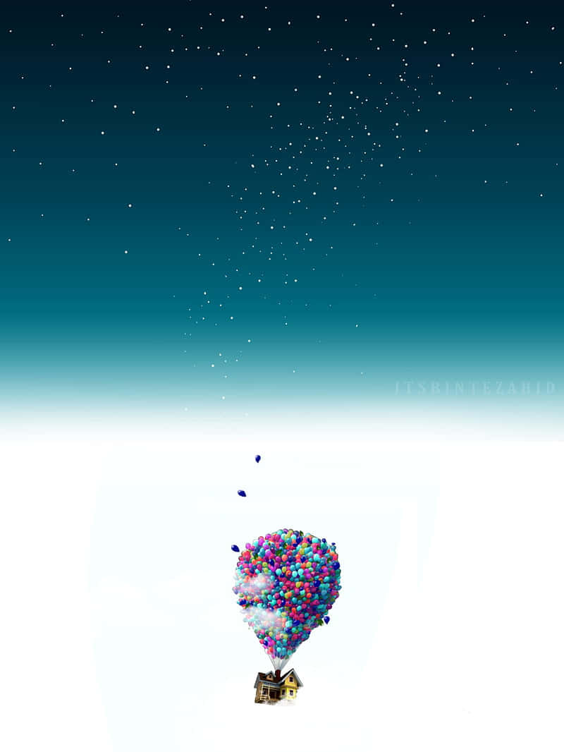  壁紙 — 一間奇特的房子被一簇彩色氣球升起，在繁星點點的藍綠色夜空中向上飄浮。