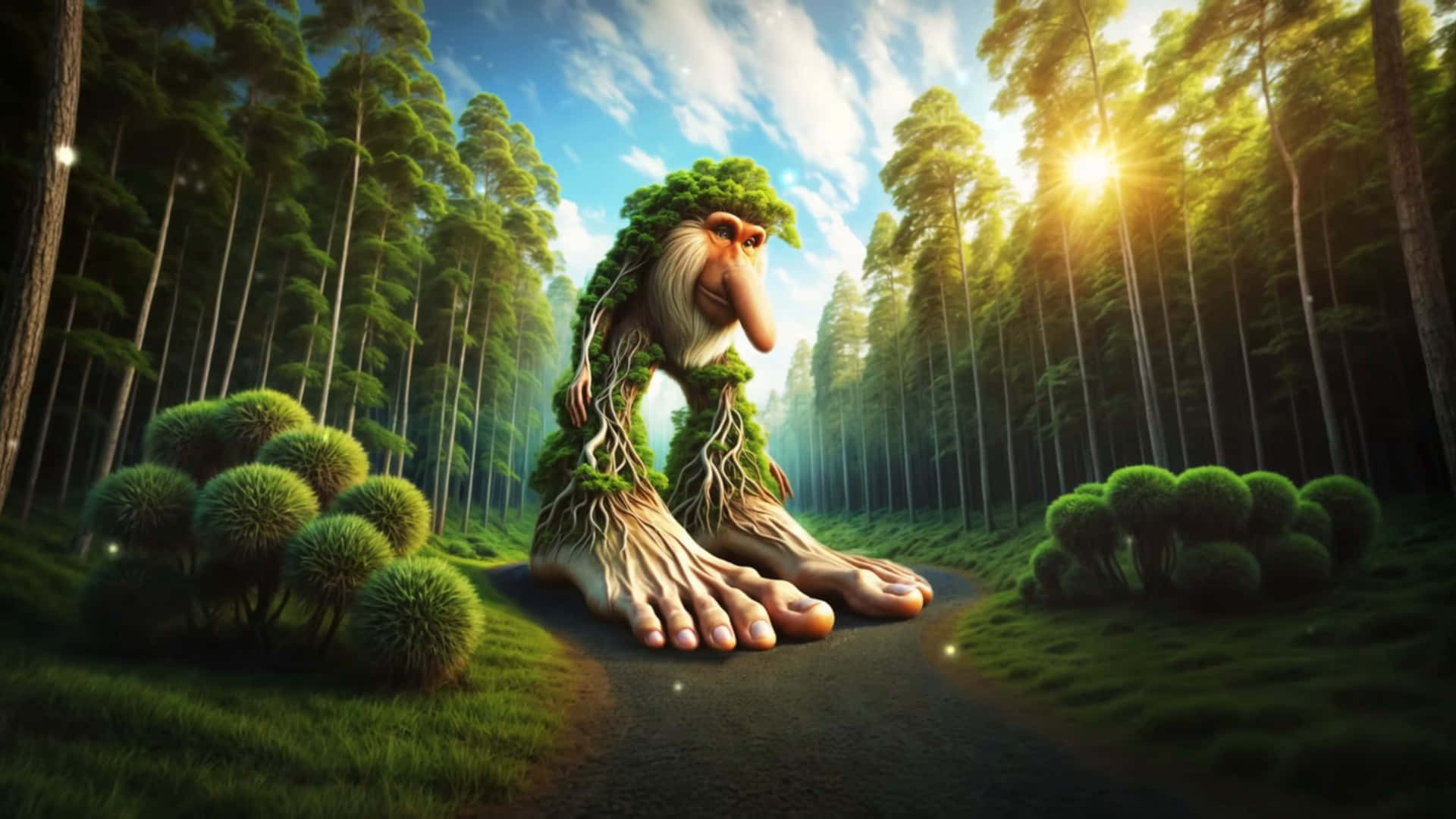  壁紙 — 一個古怪的樹精，長著苔蘚般的頭髮和樹根般的四肢，靜靜地坐在陽光普照的森林空地中。