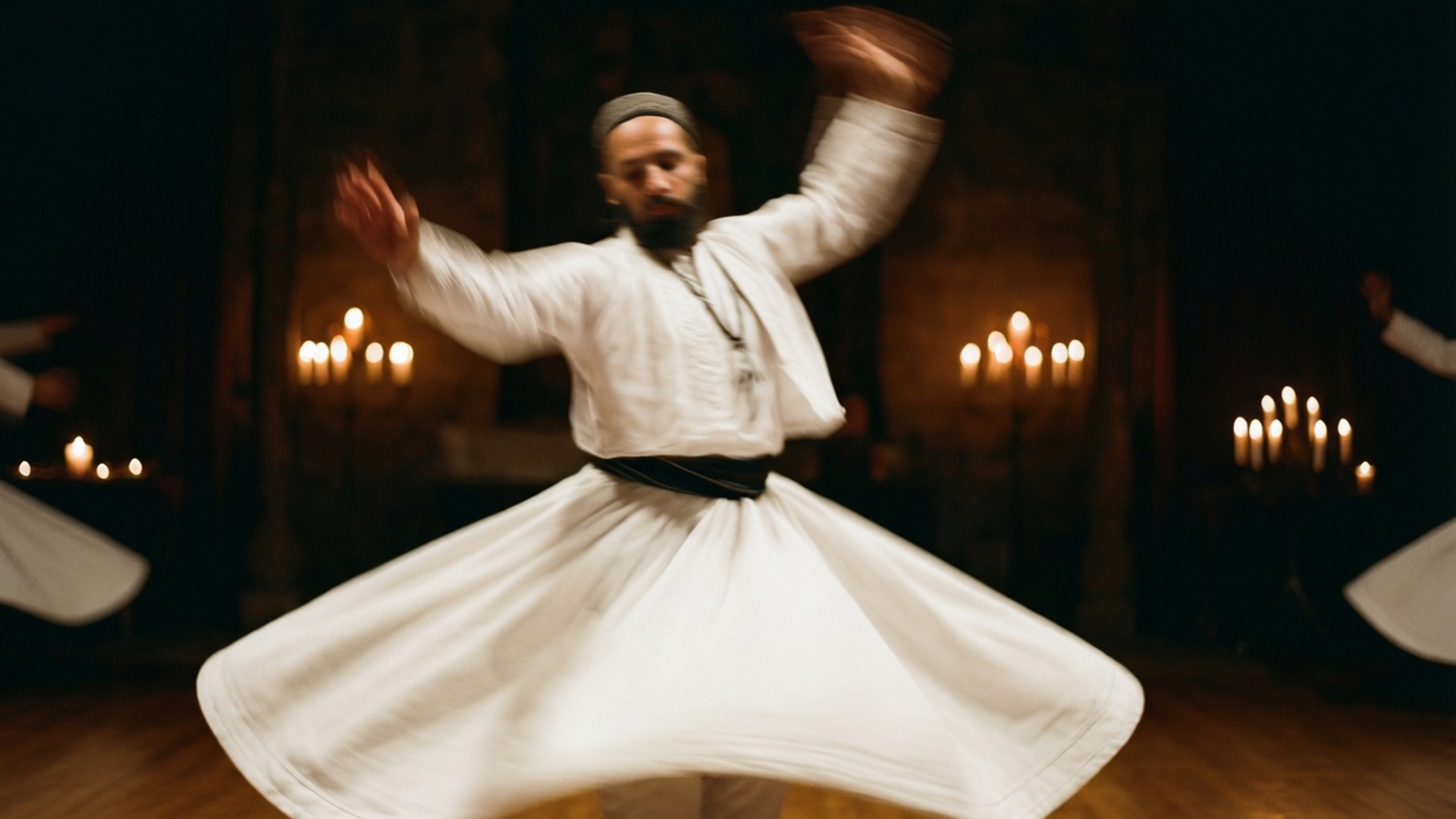 Whirling Dervish Ceremony 壁紙 — 一位身穿白袍旋轉的苦行僧在燭光照亮的昏暗房間中快速旋轉。