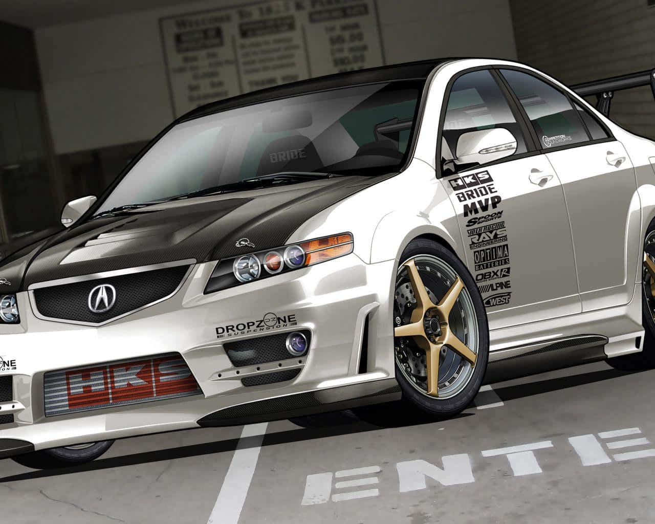 Acura Tsx 桌布 壁紙 — 一輛白色和黑色的改裝Acura轎車，配備金色輪圈和贊助商貼紙，停在車庫中。