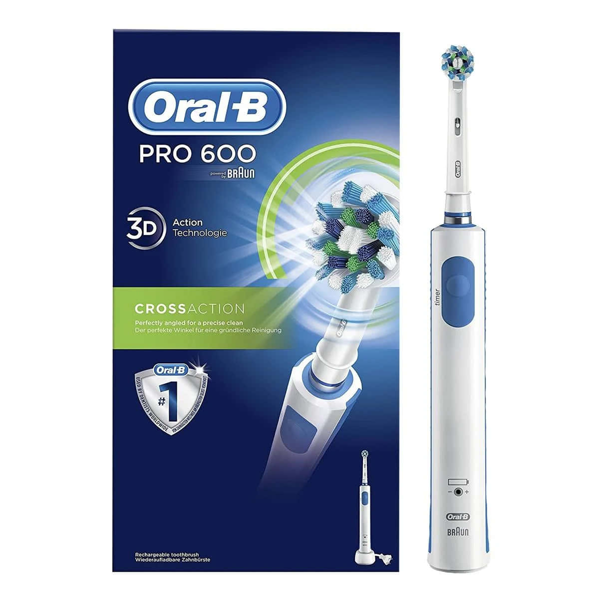  壁紙 — 一支白色和藍色的 Oral-B Pro 600 電動牙刷站在其包裝旁邊，包裝採用 3D CrossAction 刷頭技術。