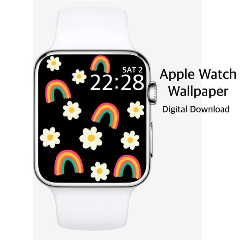 帶有彩虹和雛菊桌布的Apple Watch顯示時間22:28。 — 蘋果 壁紙