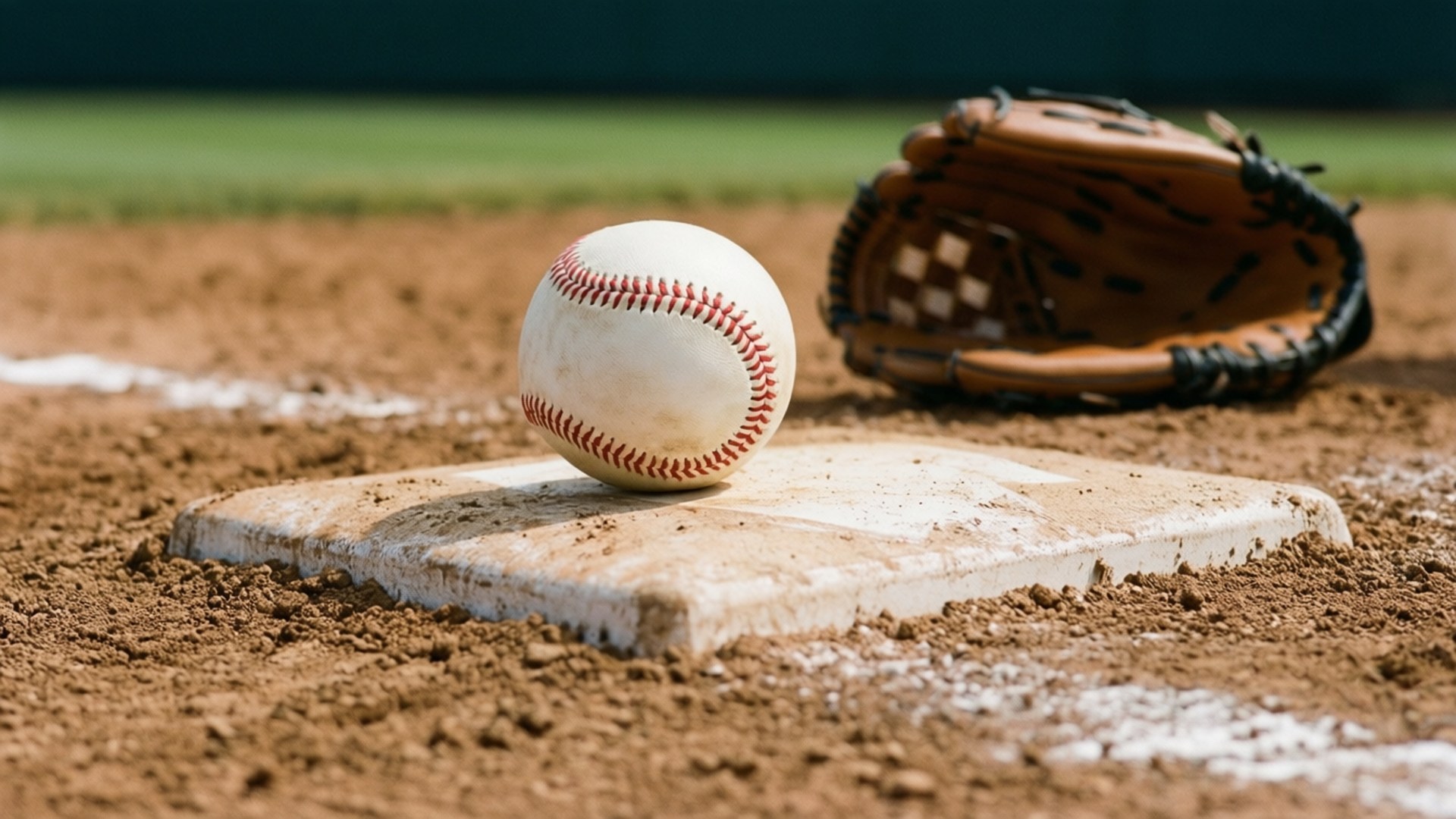 Home Plate Still 壁紙 — 一個帶有紅色縫線的白色棒球放在一個風化的本壘板上，周圍是棕色泥土和一個皮革手套。