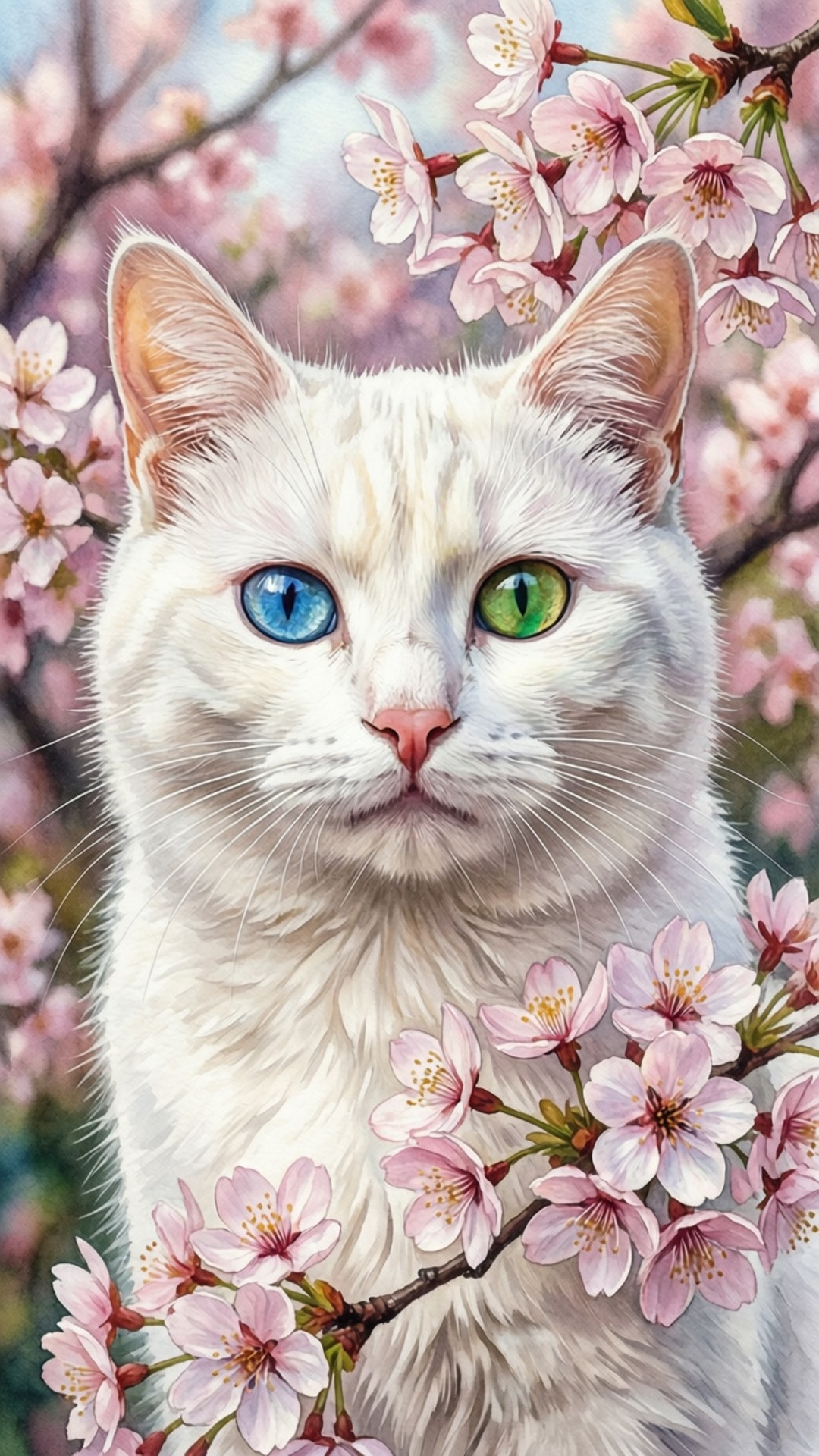 Cherry Blossom Cat 壁紙 — 一隻有異色瞳（一藍一綠）的白貓坐在盛開的粉紅色櫻花中。