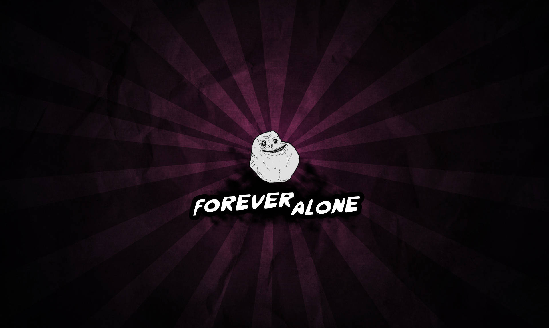 Forever Alone 迷因角色，帶有紫色放射狀背景和粗體文字。 — Meme 壁紙