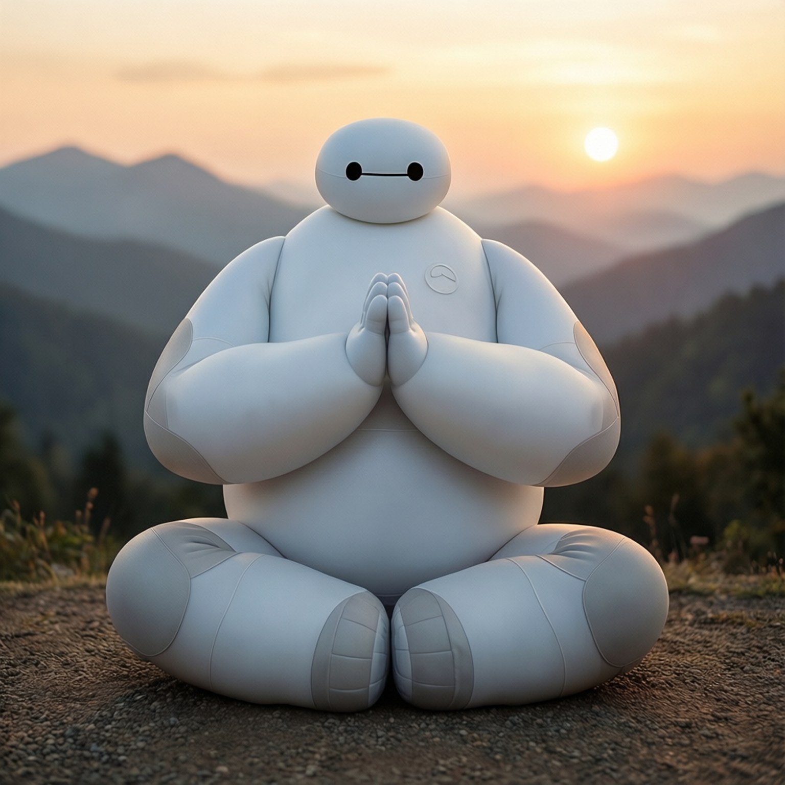 Zen Baymax 壁紙 — 一個白色充氣機器人盤腿坐在山脊上冥想，背景是日落時分層巒疊嶂的山峰。