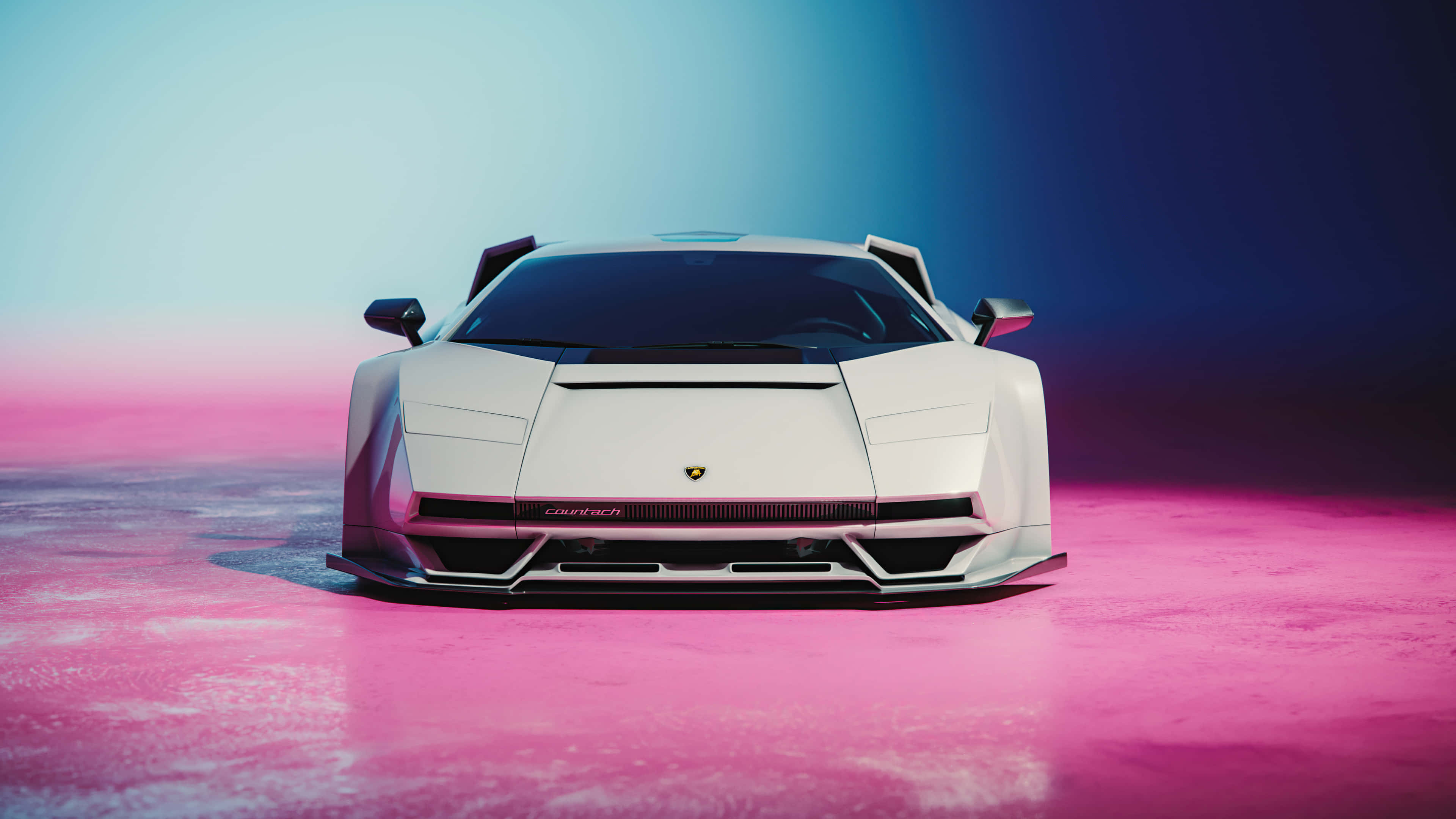 Lamborghini Countach 桌布 壁紙 — 一輛白色藍寶堅尼Countach跑車在漸層藍天下，面向發光的粉紅色表面。