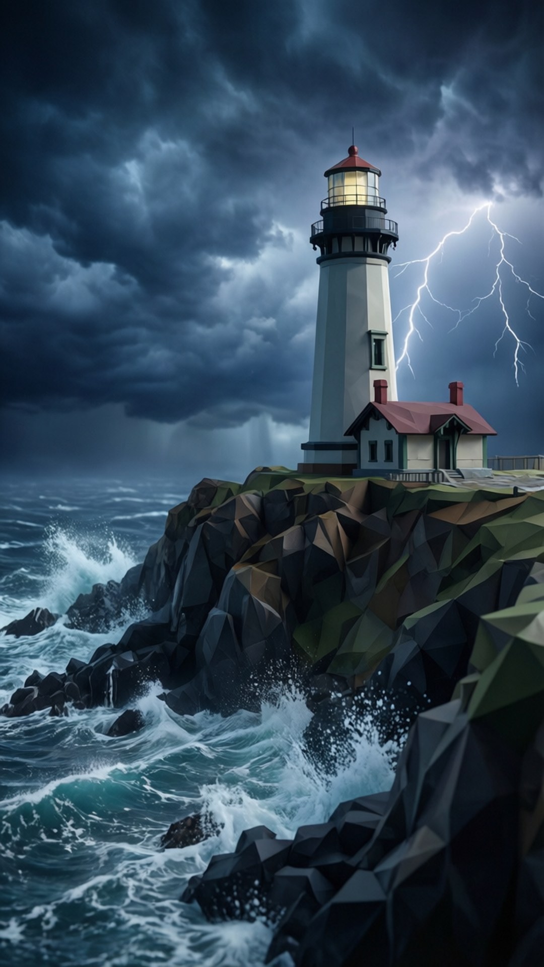 Stormy Lighthouse 壁紙 — 一座白色紅頂燈塔屹立在崎嶇岩石上，閃電在黑暗的暴風雲和翻騰的碧綠海浪中劃過。