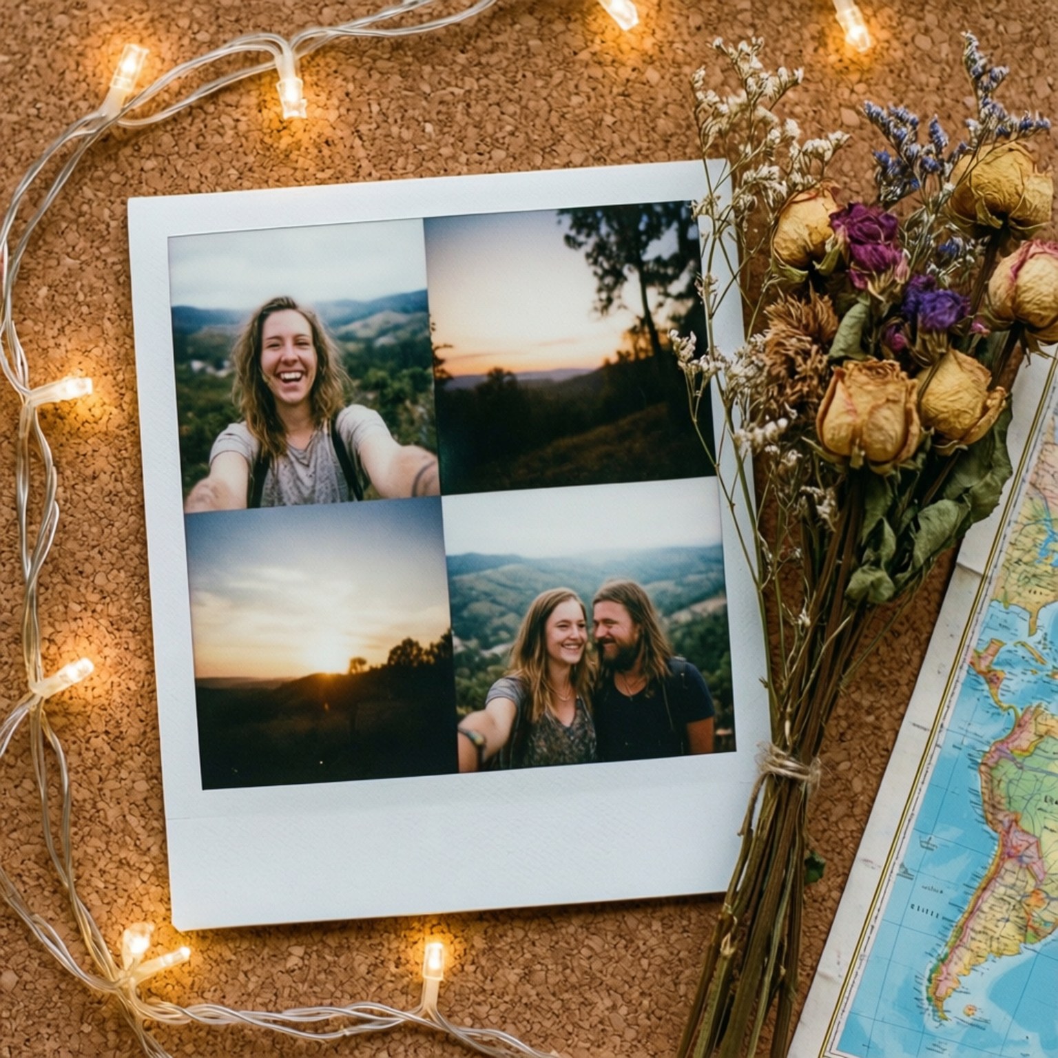 Travel Polaroid Collage 壁紙 — 一張白色照片印刷品，上面有四張旅行快照，放在軟木板上，旁邊有乾花、燈串和地圖。