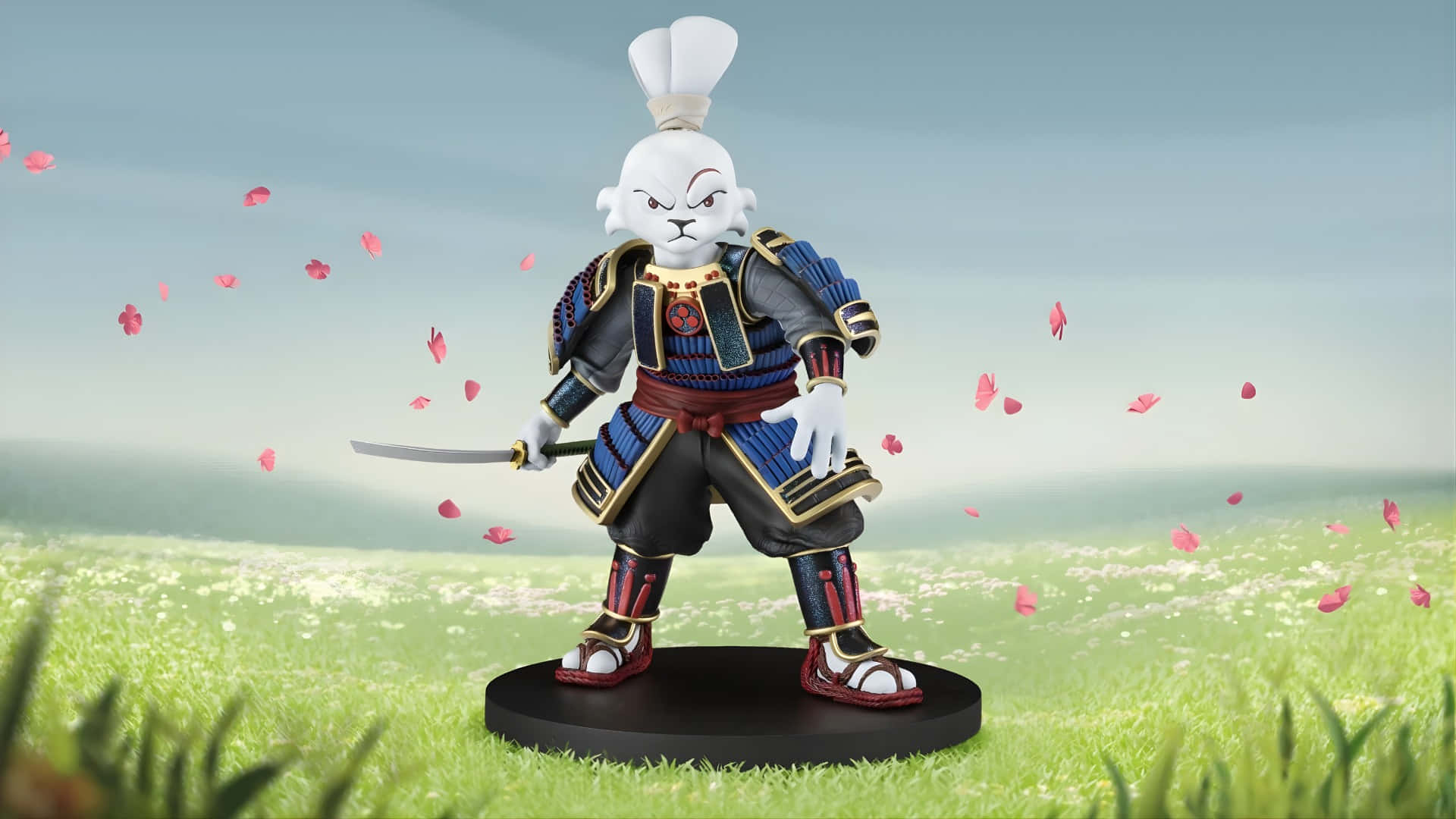  壁紙 — 一隻穿著藍色鎧甲的白兔武士人偶，站在草地上，周圍飄著粉紅色的櫻花。