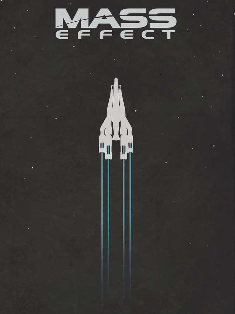Mass Effect Trilogy 桌布 壁紙 — 一艘白色太空船在繁星點點的黑暗天空中上升，帶有藍色引擎尾跡，下方是「Mass Effect」標題。