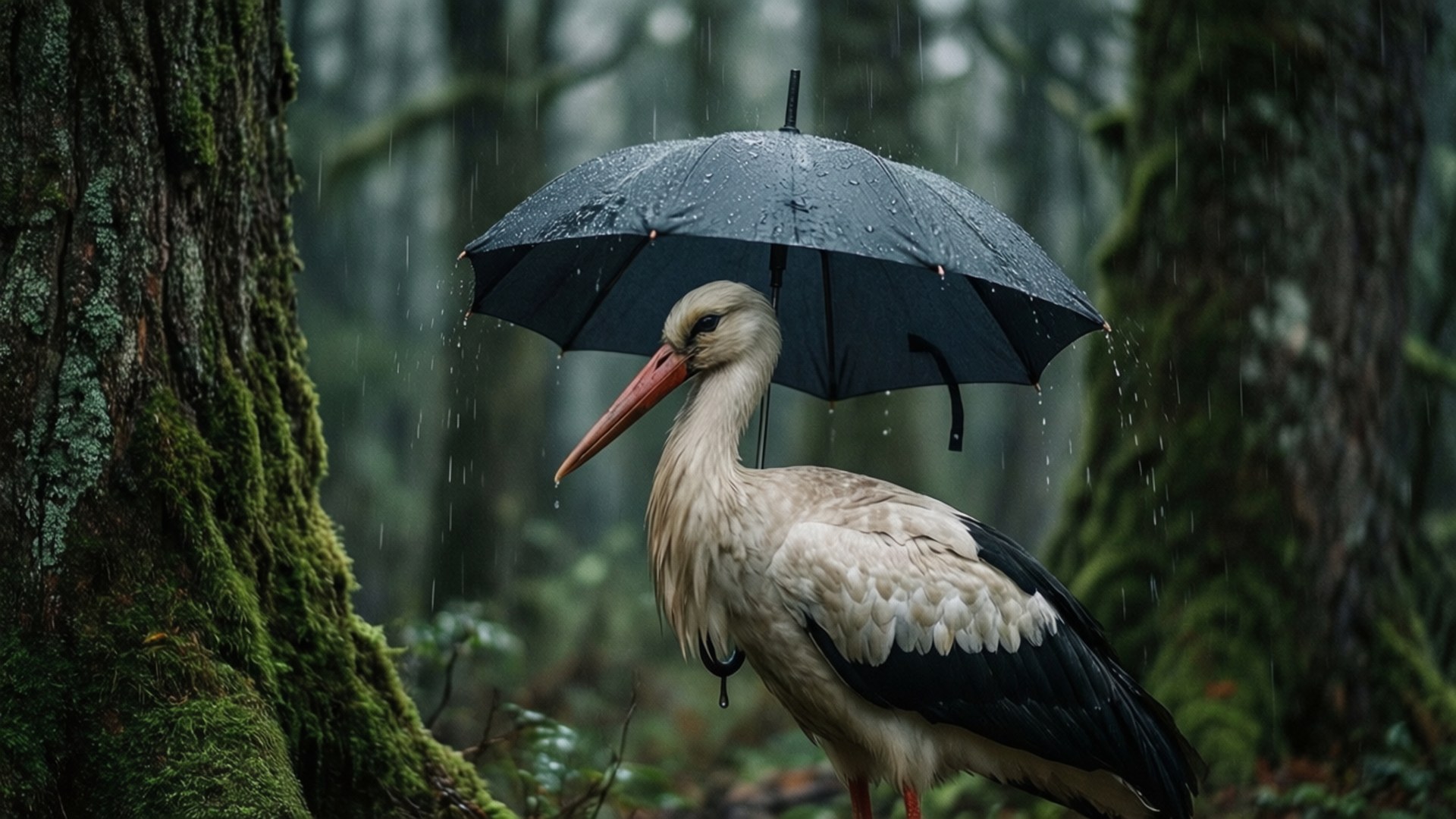 Rainy Forest Stork 壁紙 — 一隻白鸛，黑色翅膀，在雨林背景中，樹木長滿苔蘚，手持一把黑色雨傘。
