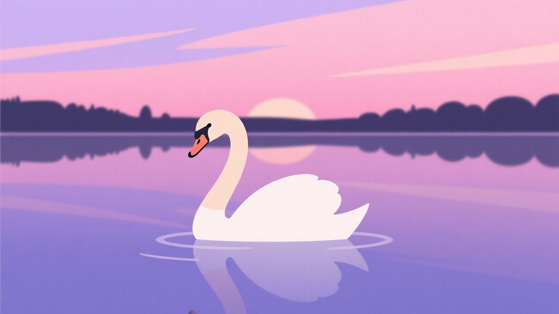 Swan at Twilight 壁紙 — 一隻白天鵝在平靜的湖面上優雅地滑行，背景是柔和的粉紅色和紫色日落天空。
