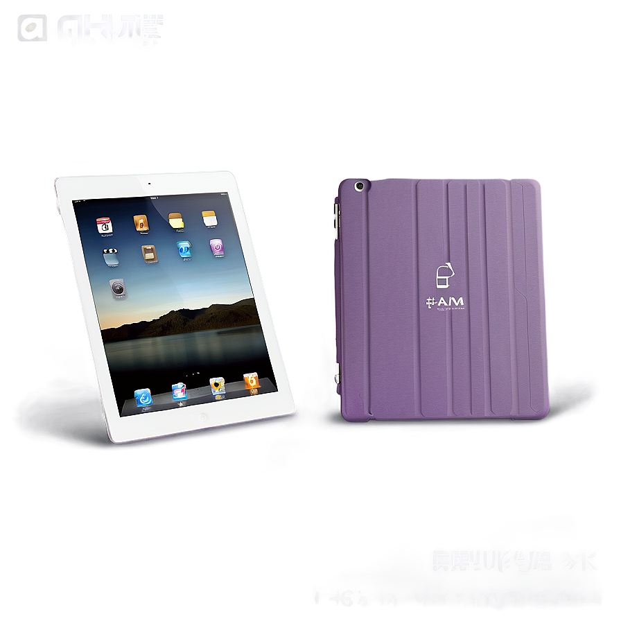 白色平板電腦和紫色保護殼在柔和燈光下展示。 — iPad 壁紙