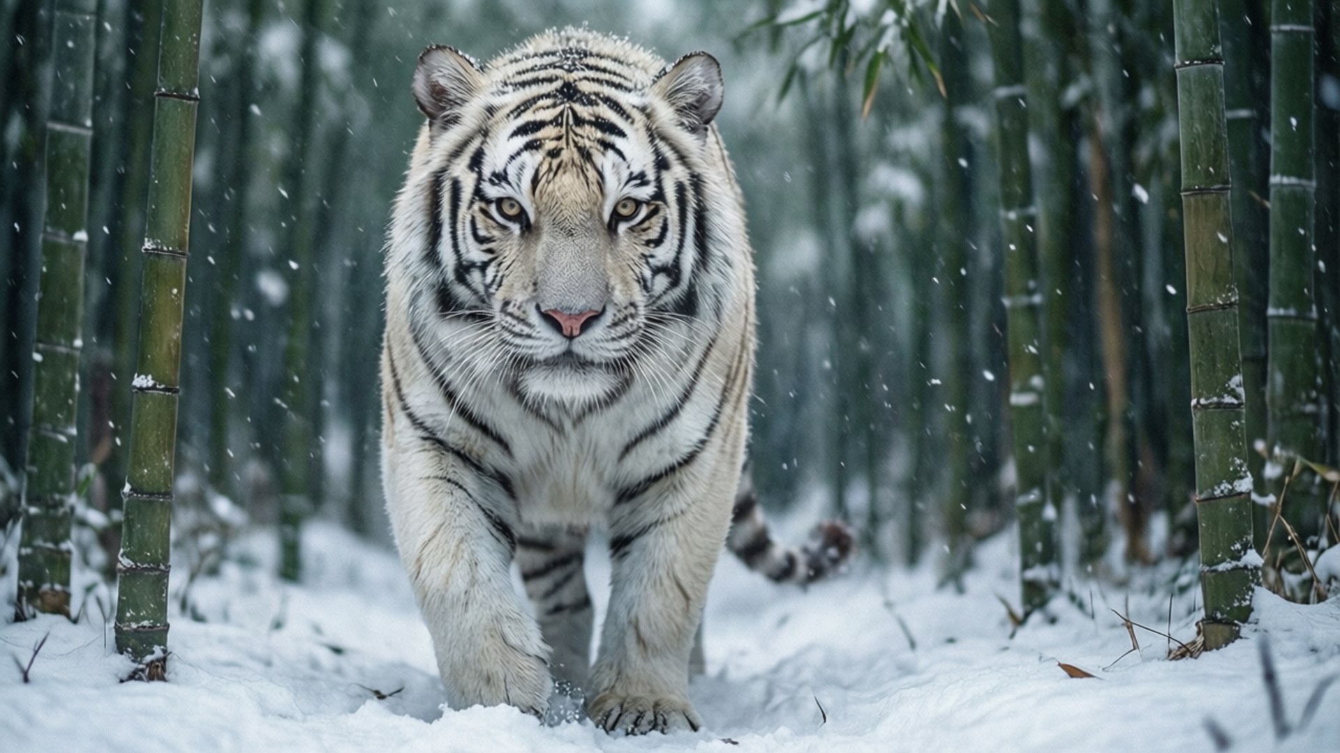 Snow Tiger Stroll 壁紙 — 一隻帶有黑色條紋的白虎在雪中的竹林裡向前邁進，雪花在牠周圍飄落。